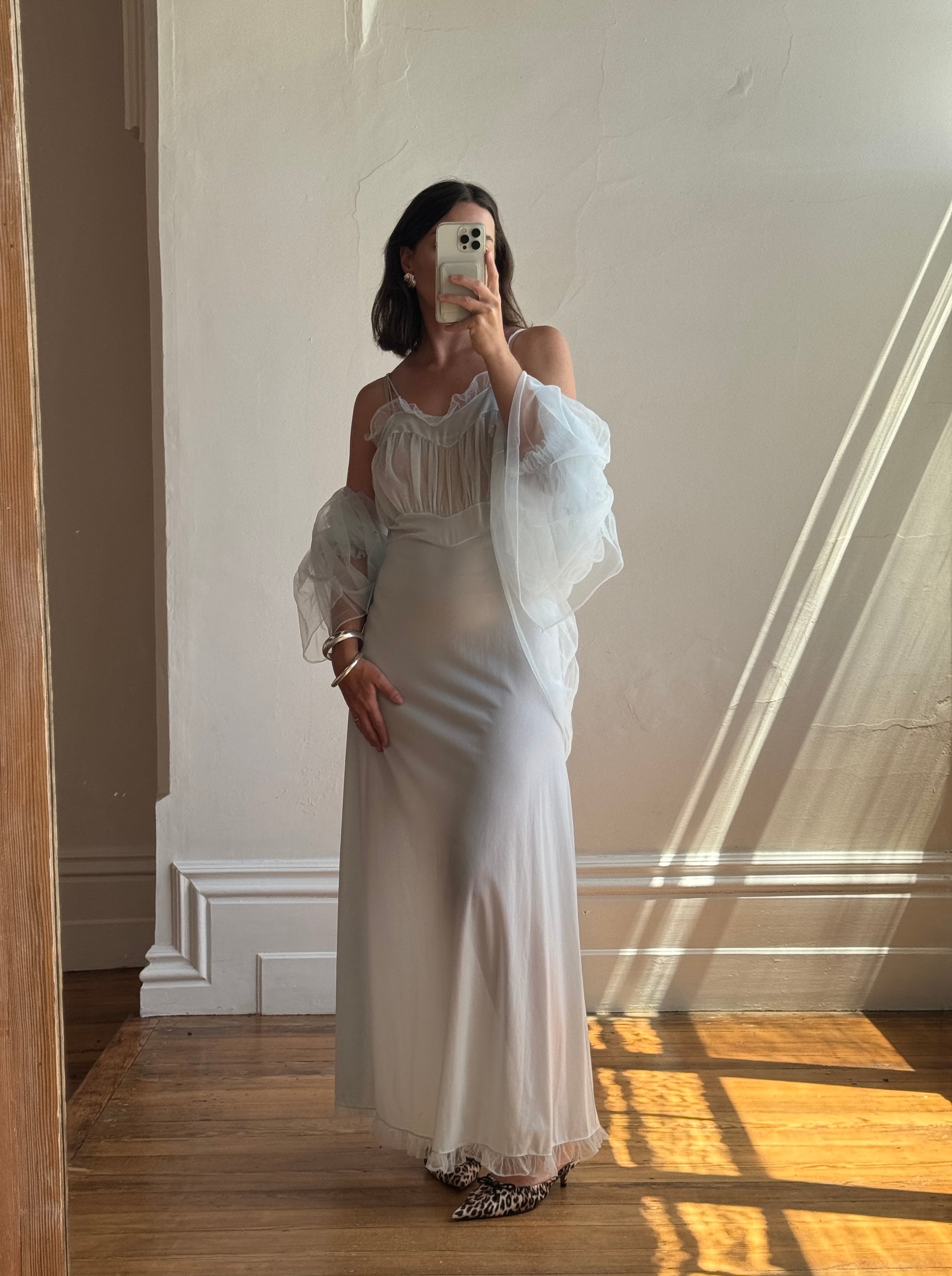 Vintage 50s Baby Blue Peignoir Slip and Jacket Set with Bows