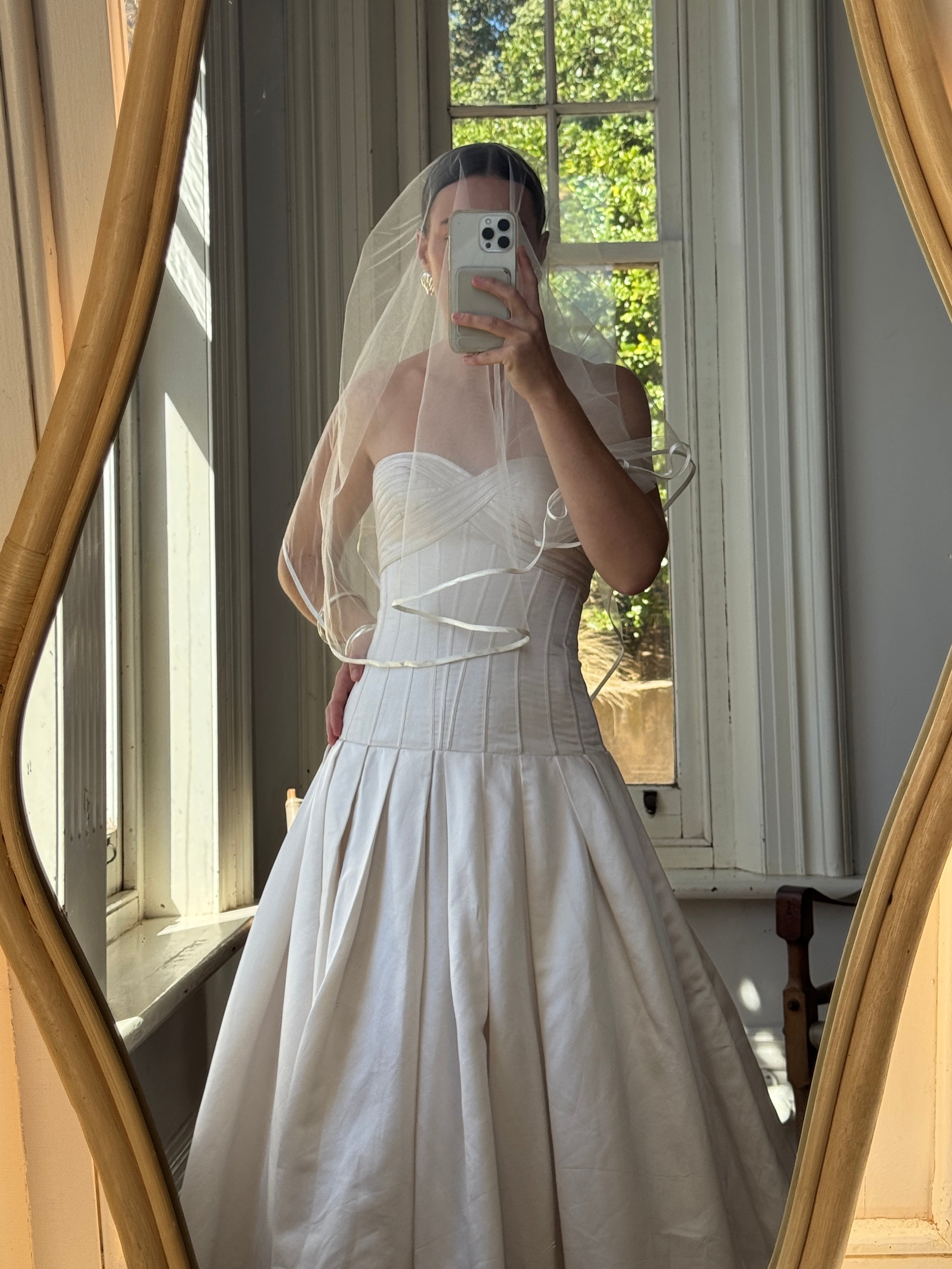 Vintage Y2K Pure Silk Drop Waist Satin Strapless Wedding Gown