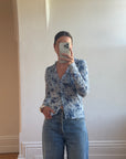 Vintage 90s Ruffle Stretch Button Up Blue Tapestry Floral