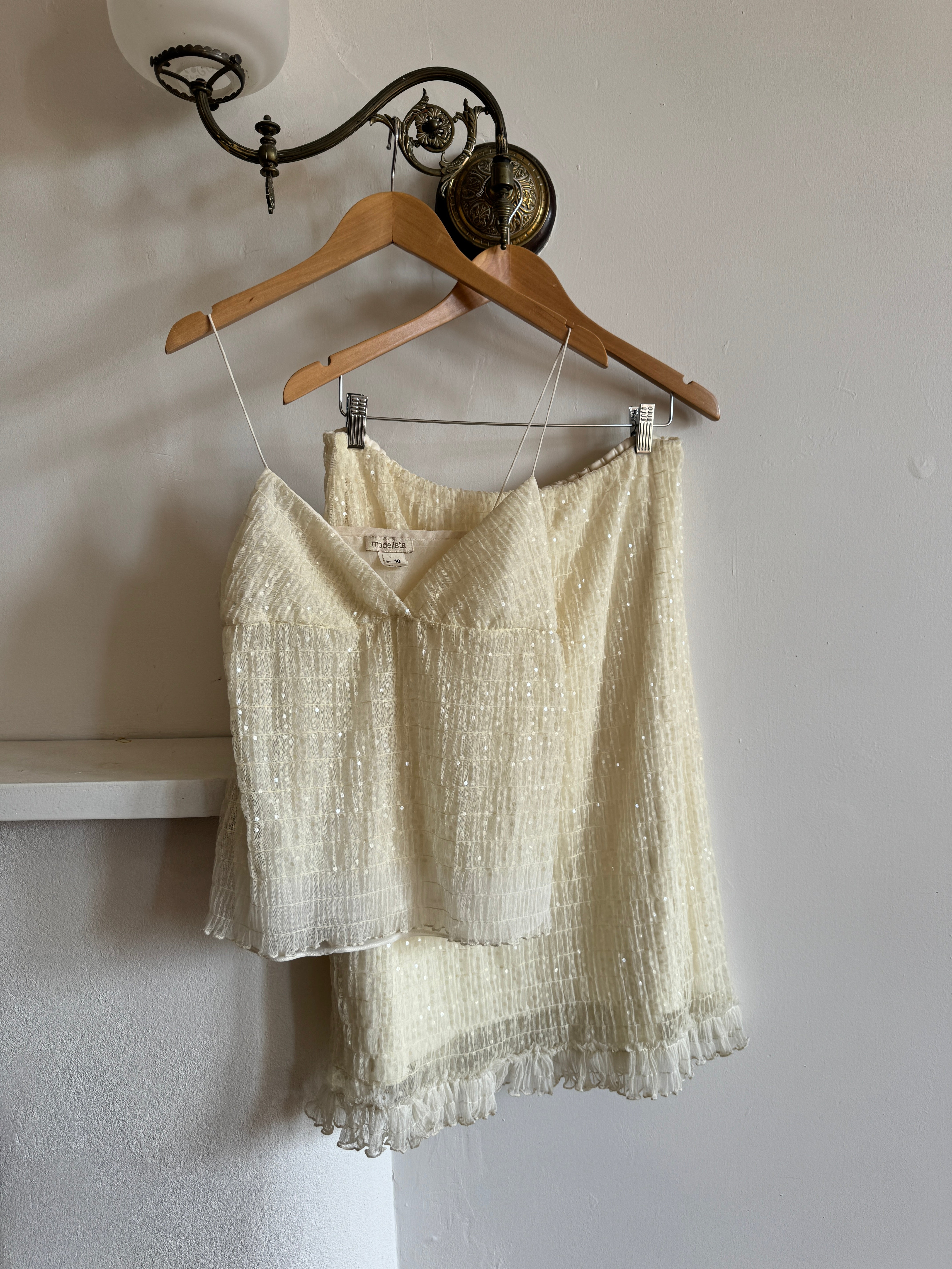 Vintage 90s Gathered Sequin Two Piece Creme