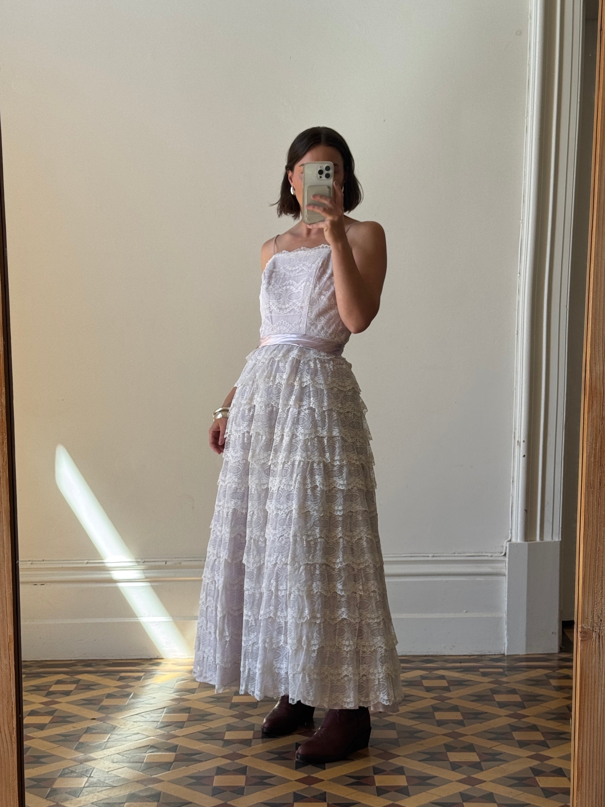 Vintage 50s Cupcake Tiered Lace Prom Dress Lilac