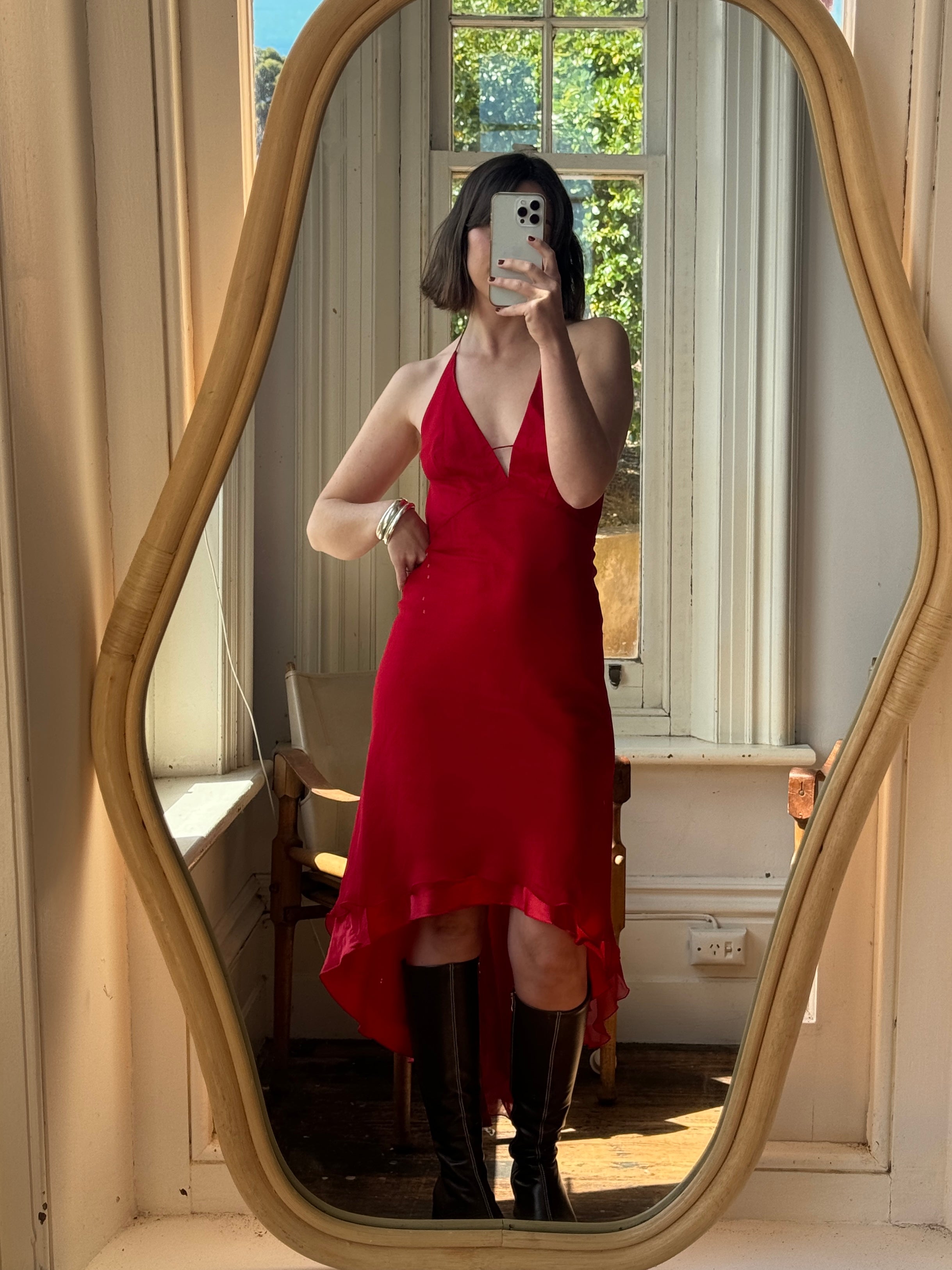 Vintage 90s Pure Silk High Low Halter Bias Dress Red