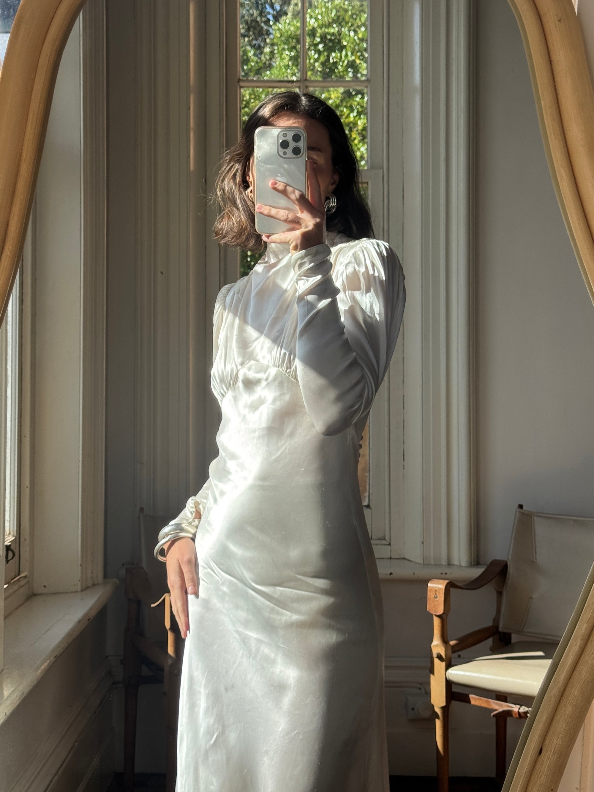 Vintage 40s Liquid Satin Beaded Wedding Gown with Chapel Train