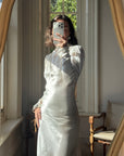 Vintage 40s Liquid Satin Beaded Wedding Gown with Chapel Train