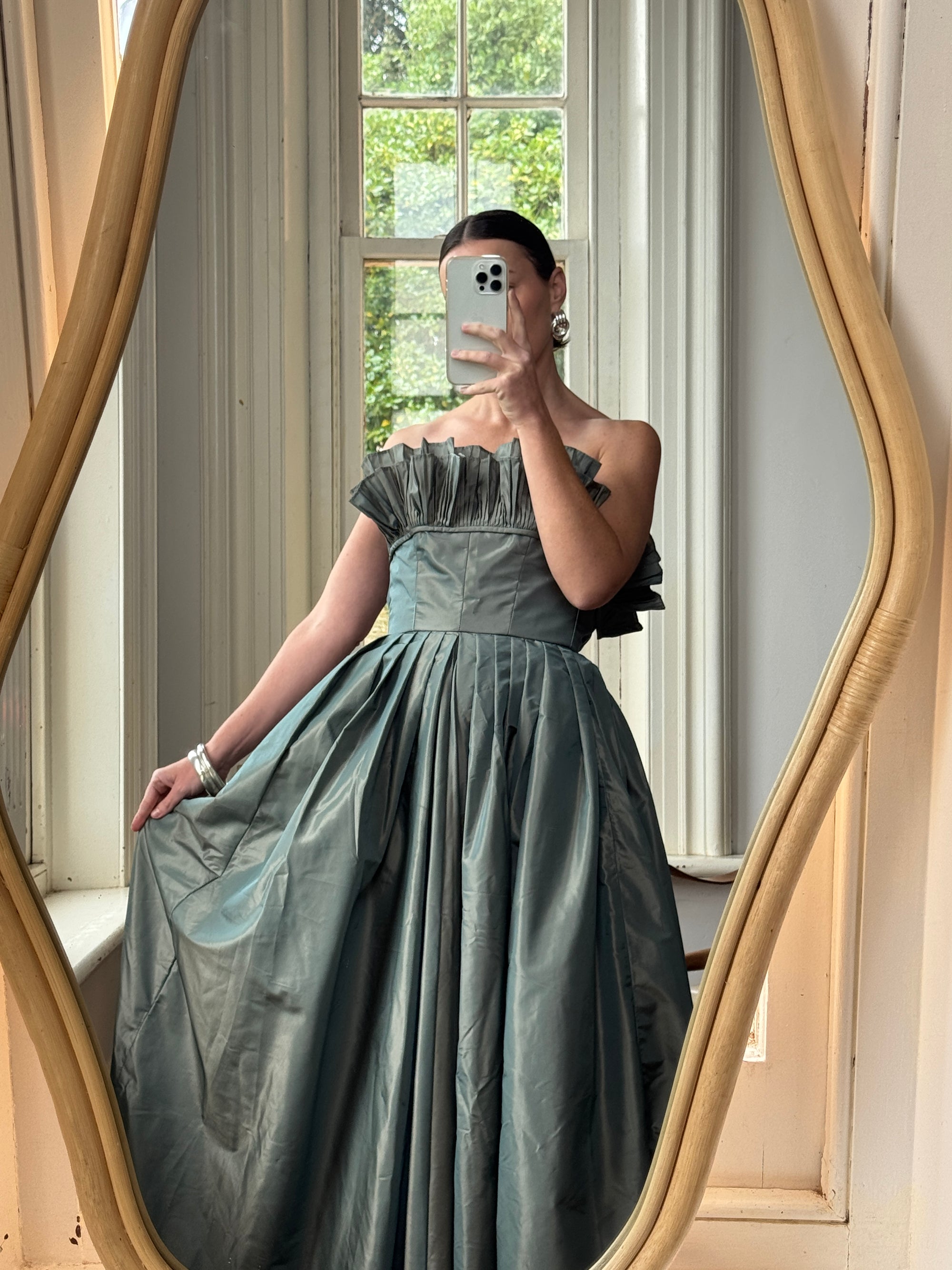 Vintage 80s Taffeta Pleated Strapless Gown Slate