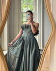Vintage 80s Taffeta Pleated Strapless Gown Slate