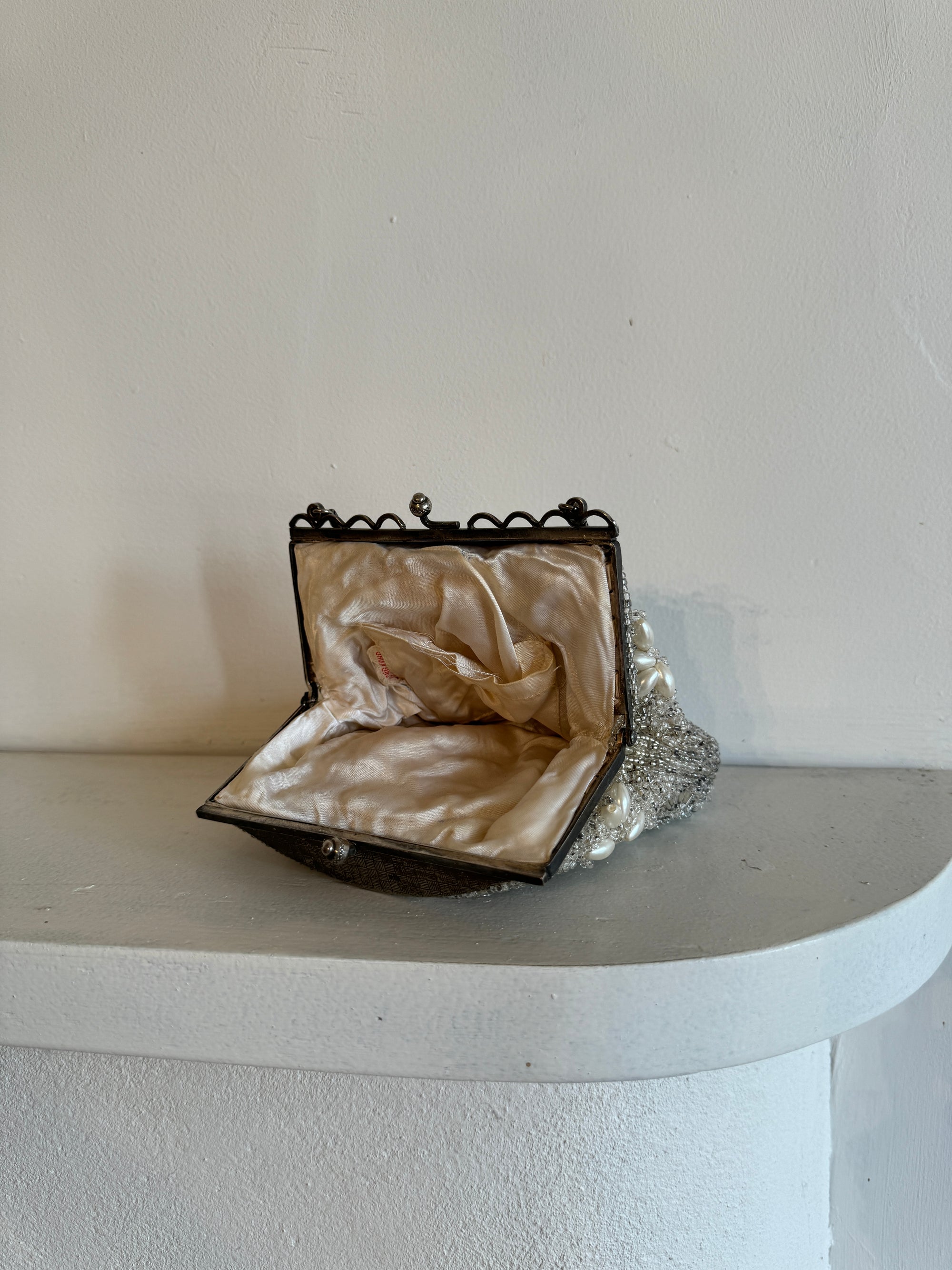 Vintage Silver Crystal and Pearl Beaded Evening Purse