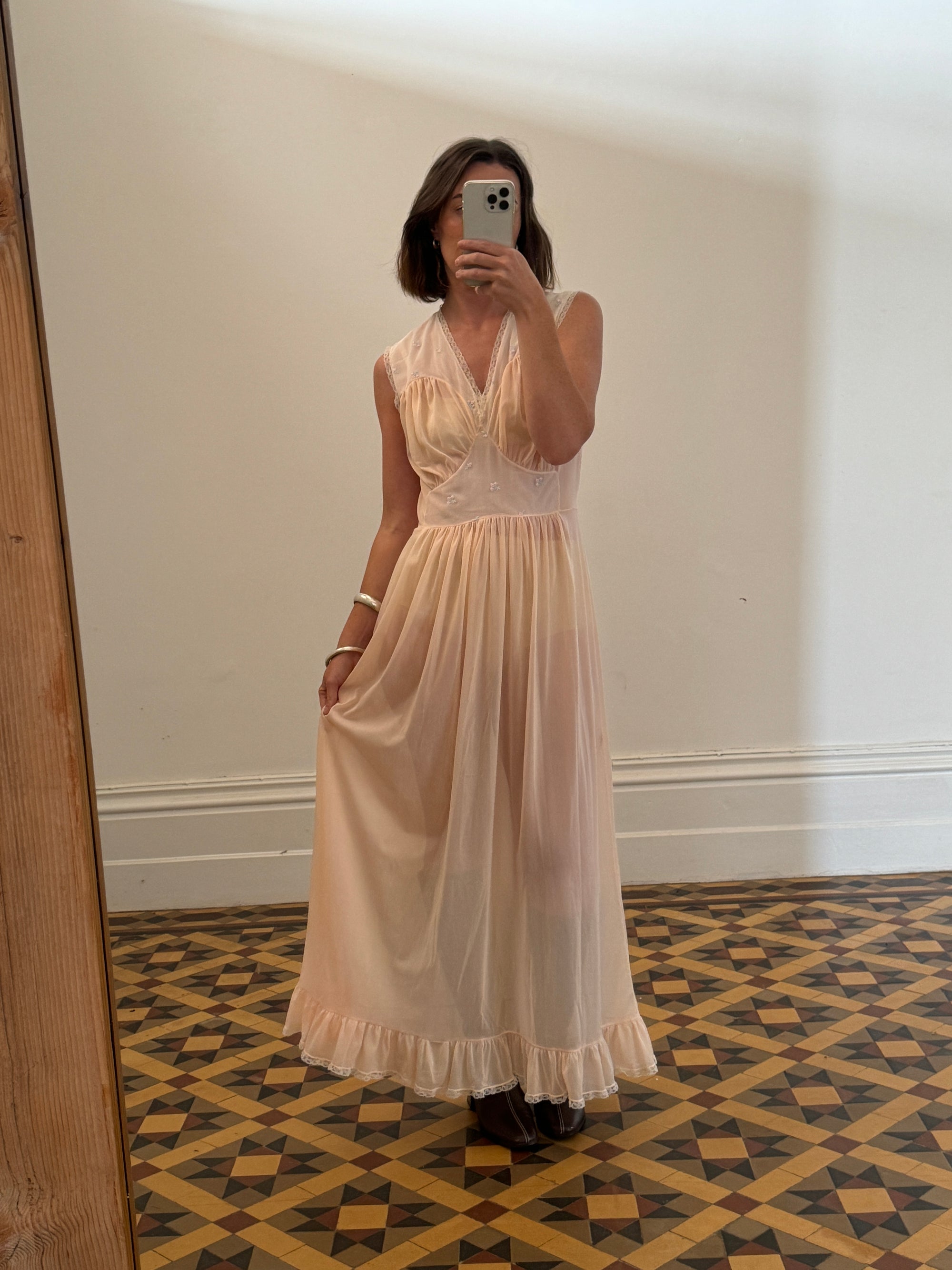 Vintage Apricot and Blue Petite Floral Maxi Dress