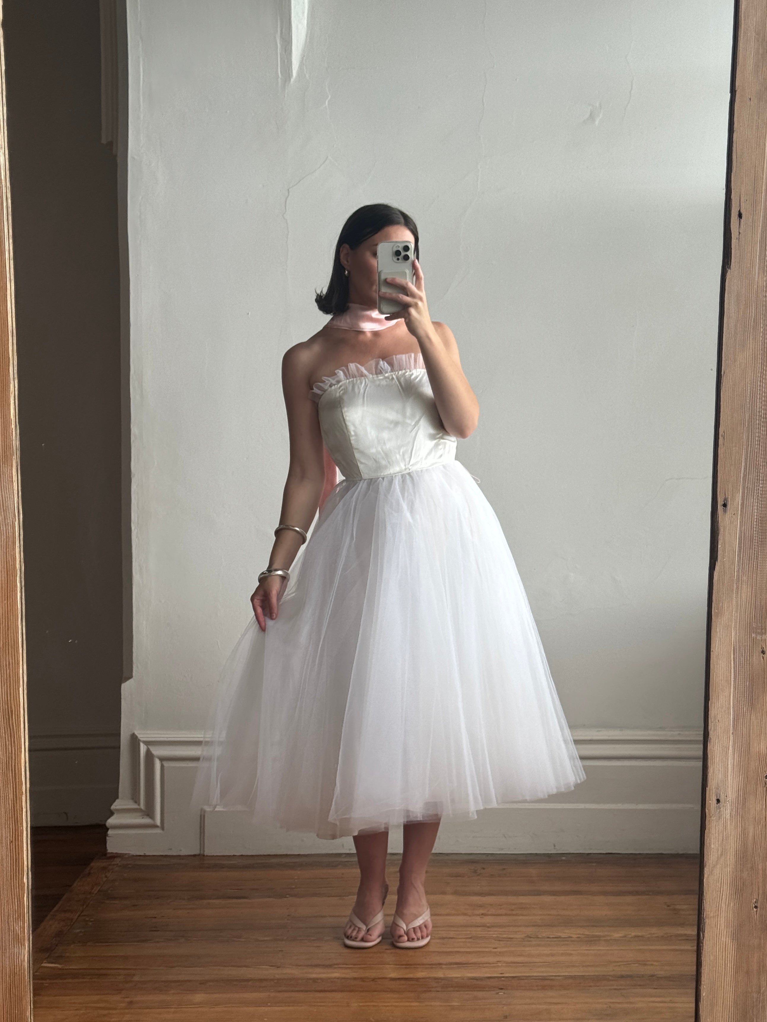 Vintage 80s Cupcake Tulle Dress With Salmon Waist Tie