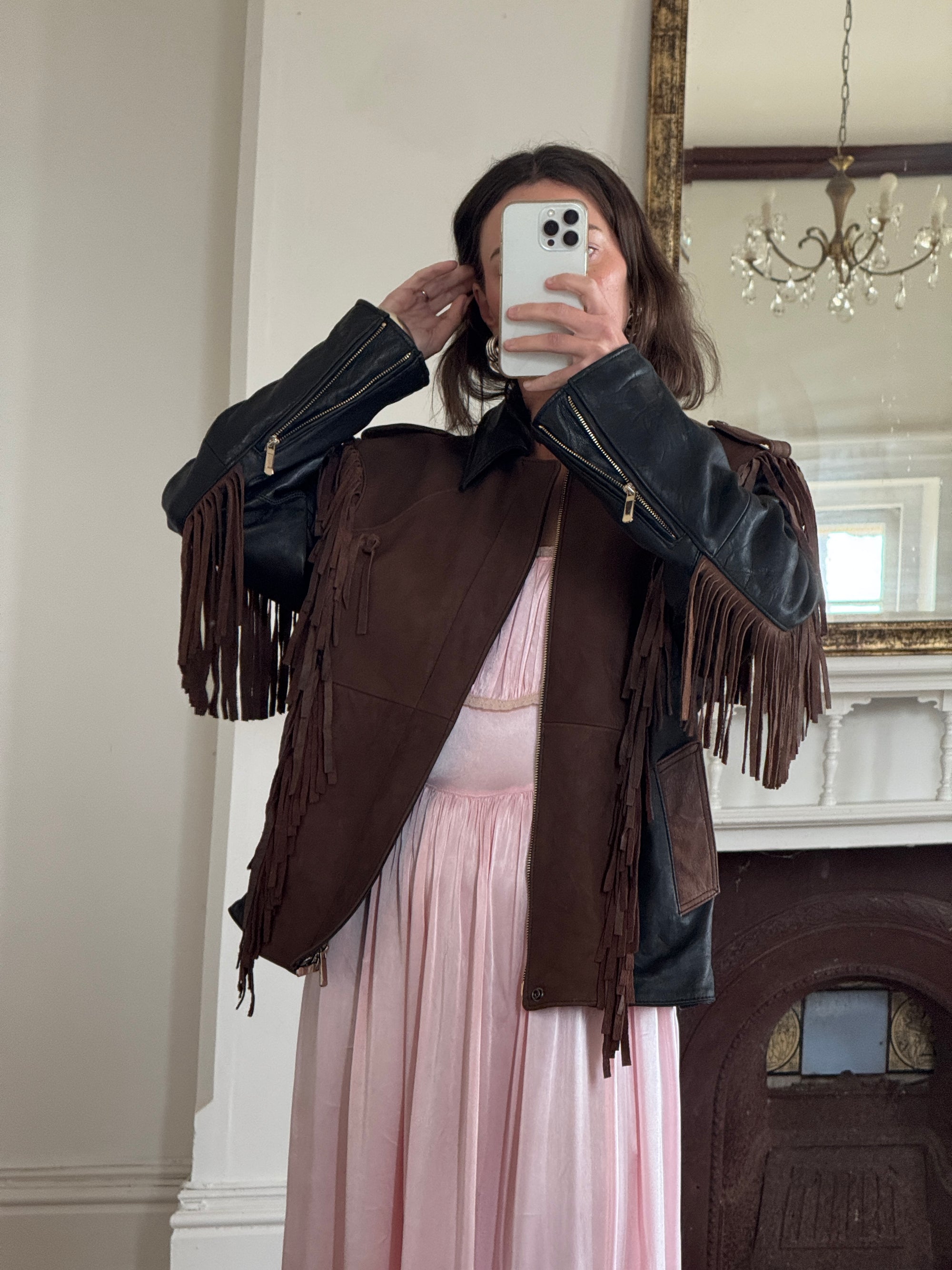 Vintage 70s Fringed Lace Up Leather Jacket Chocolate Noir