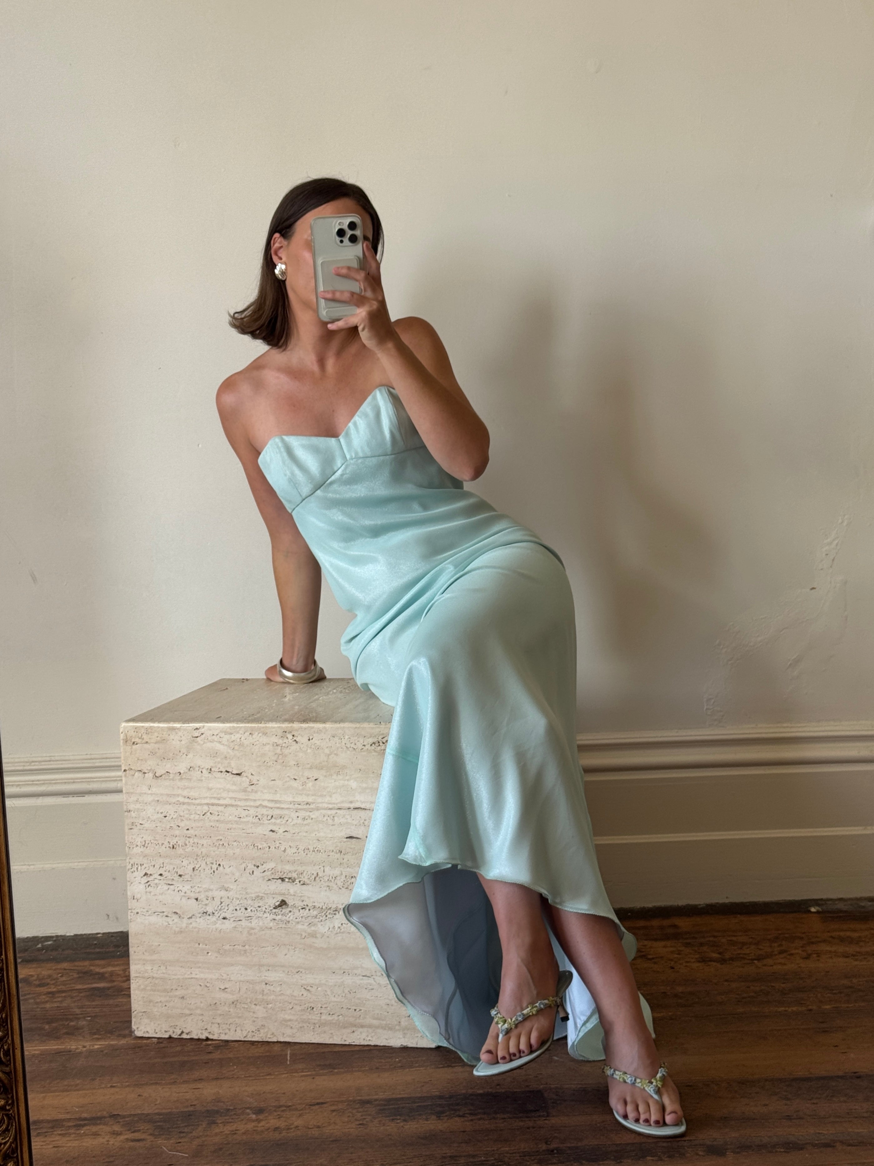 Vintage 90s Aqua Shimmer Strapless Gown