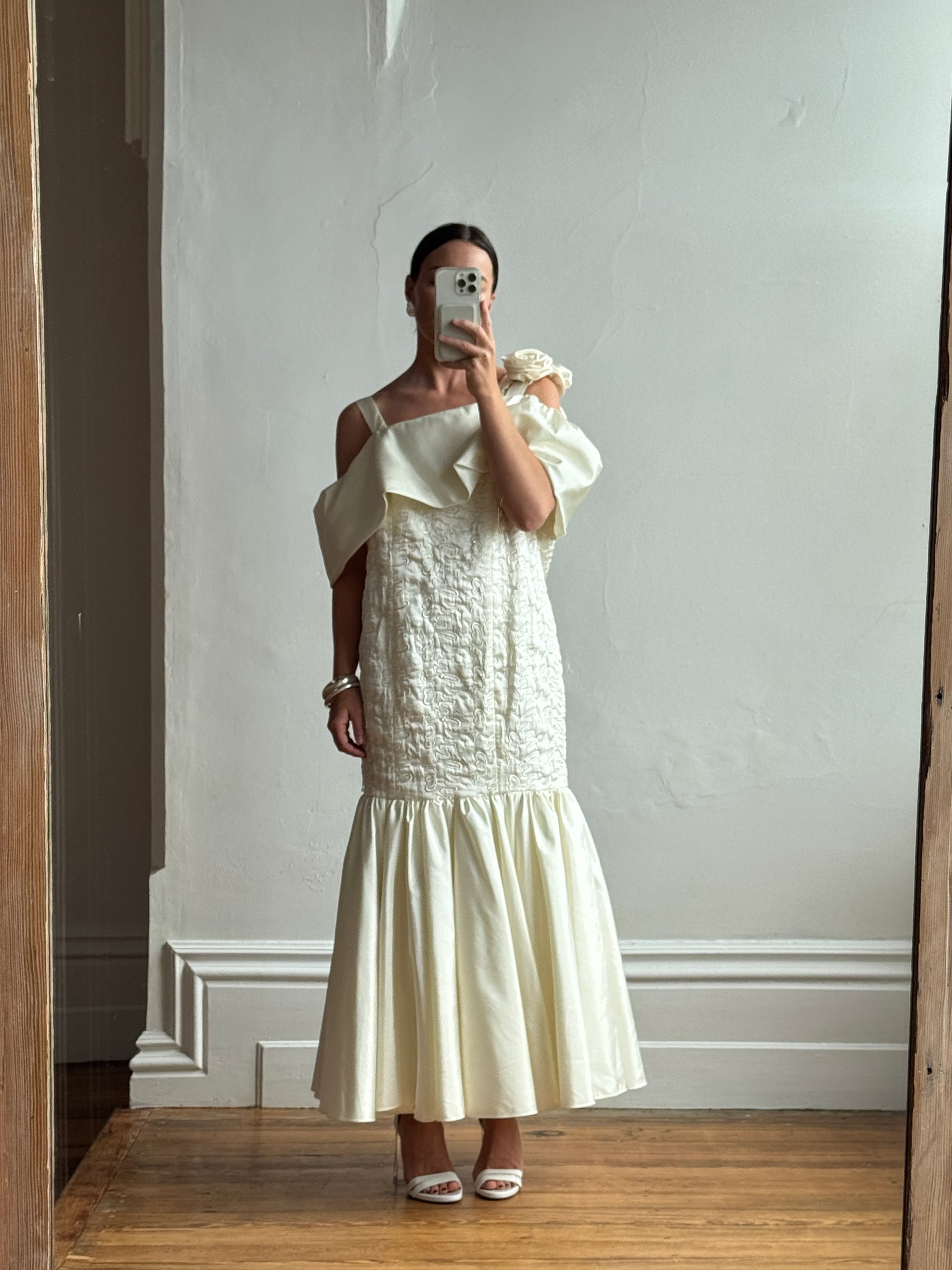 Vintage 80s Drop Waist Quilted Wedding Dress Creme
