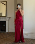 Vintage 90s Crimson Satin Ruched Bias Gown