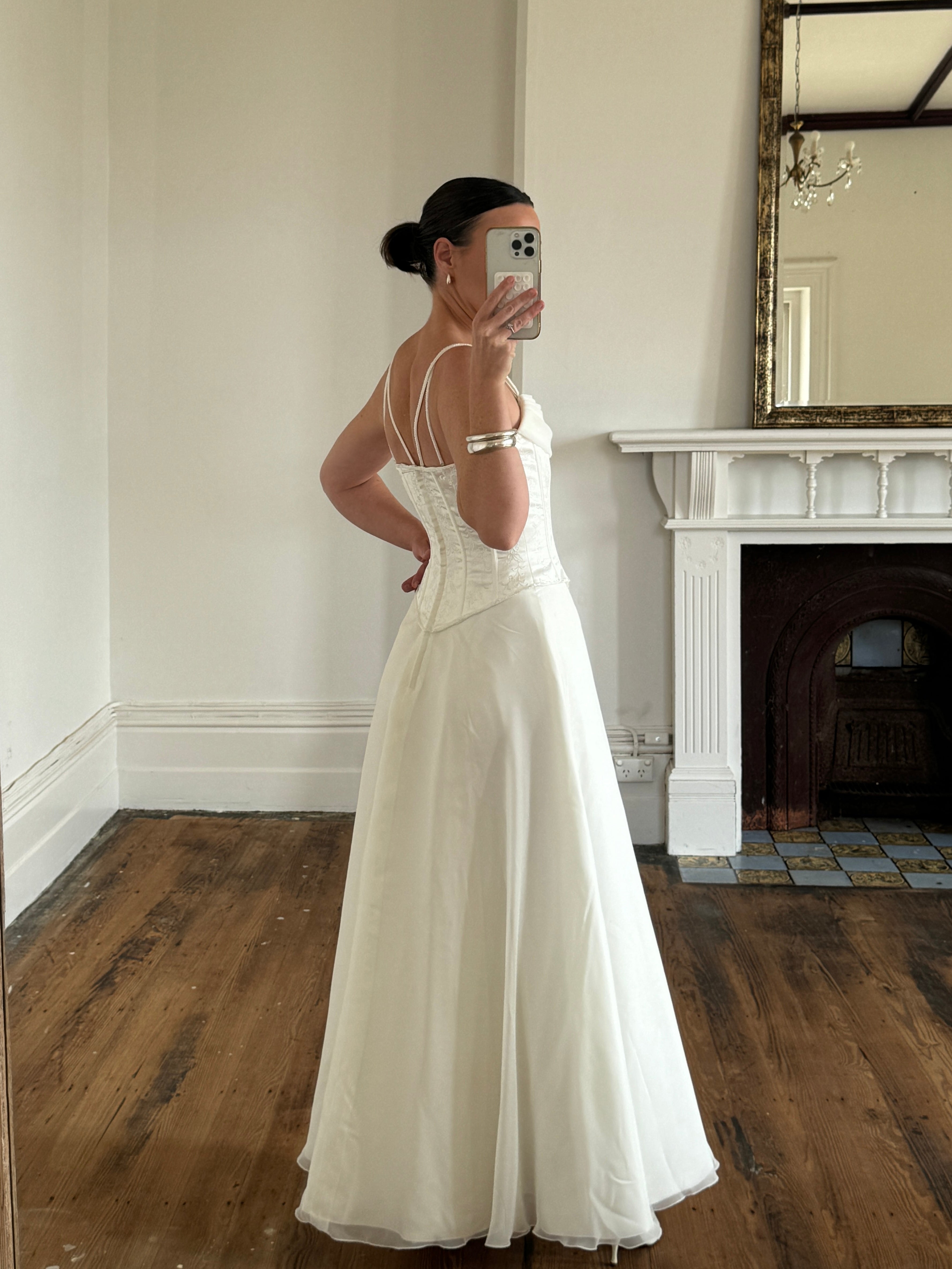 Vintage 90s Cowl Neck Jacquard Bodice Satin Wedding Dress