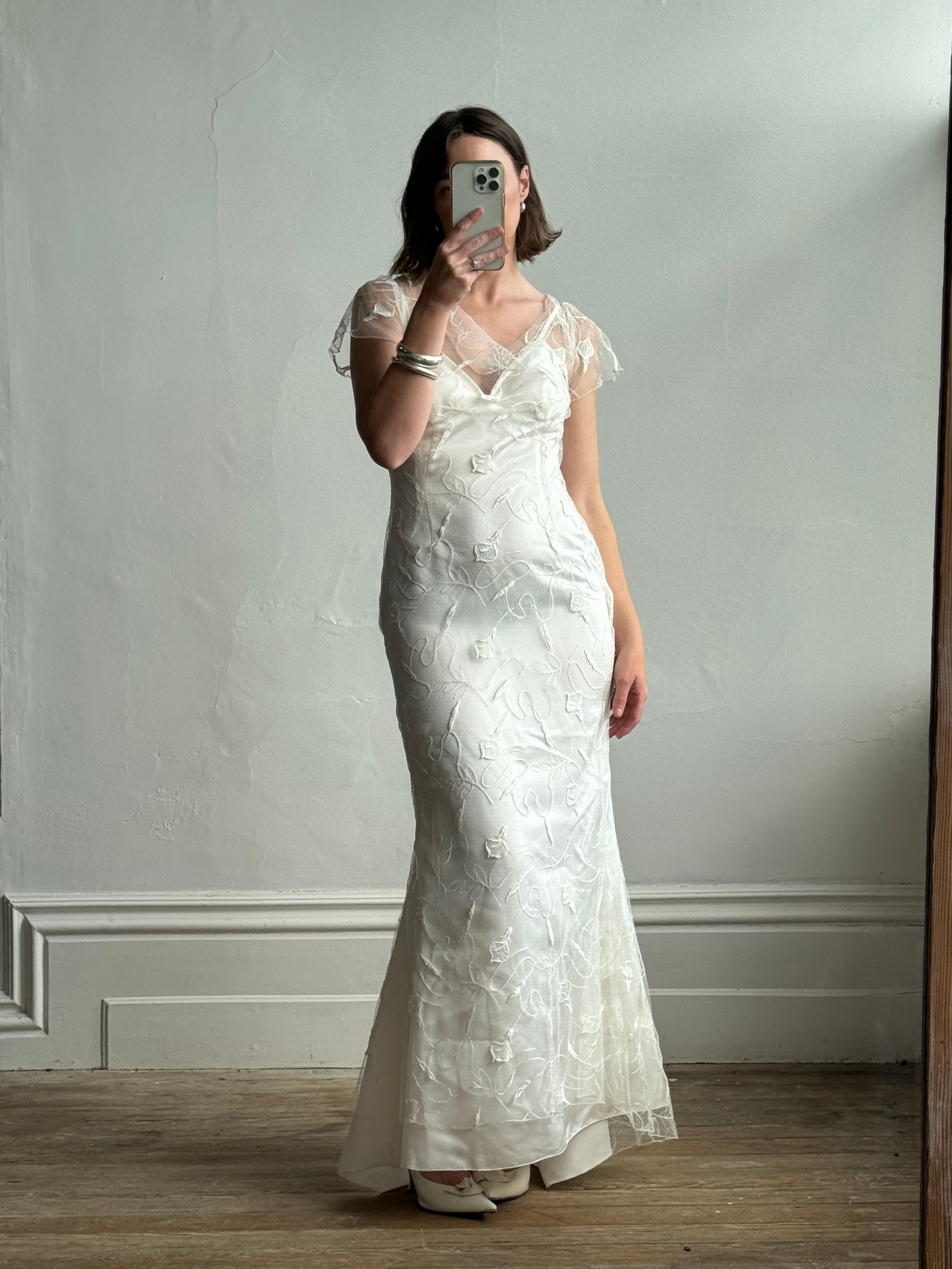 Vintage 90s Net Cowl Neck Mermaid Wedding Dress