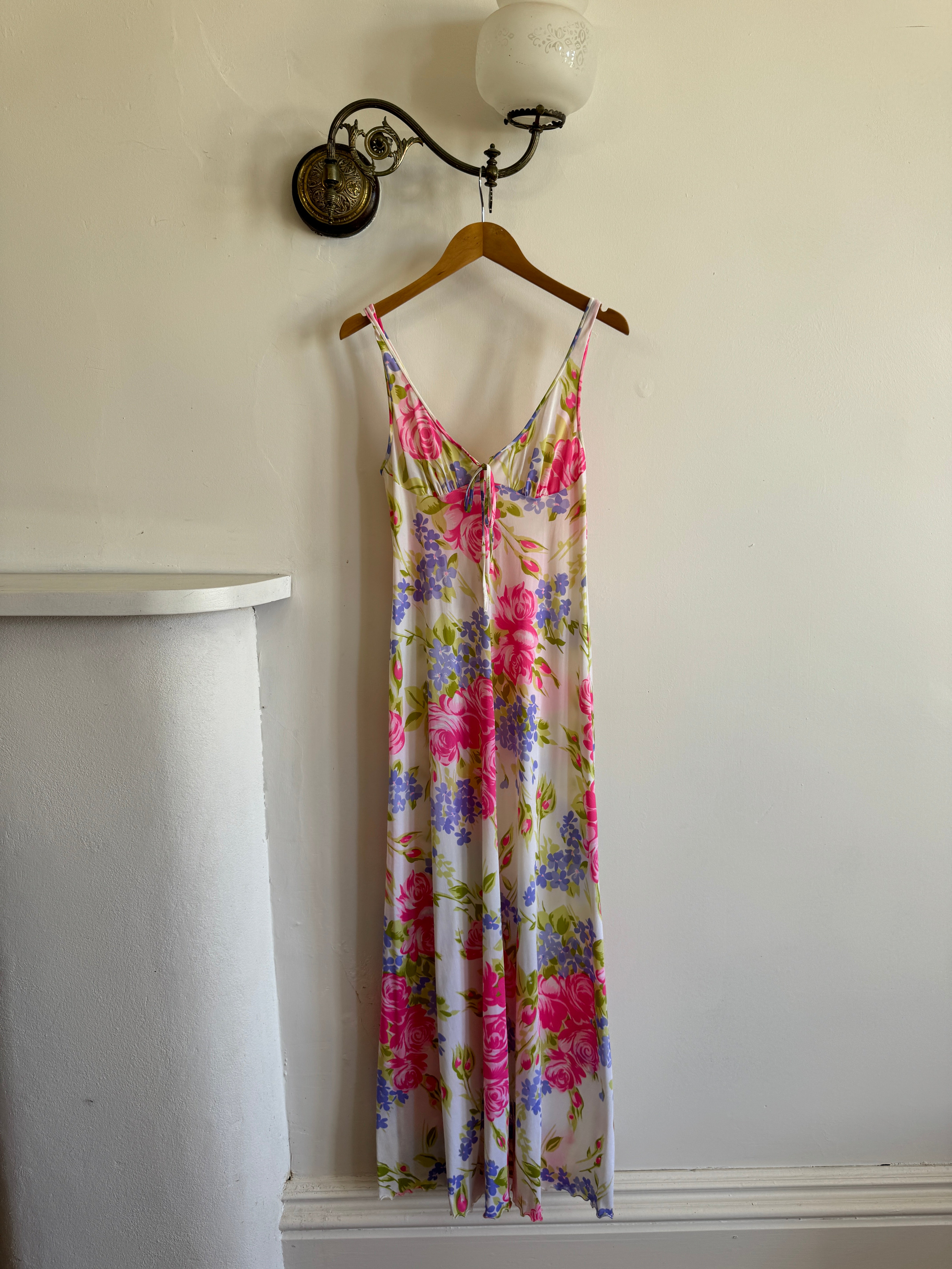 Vintage 70s Pink Floral Slip and Wrap Dress Set