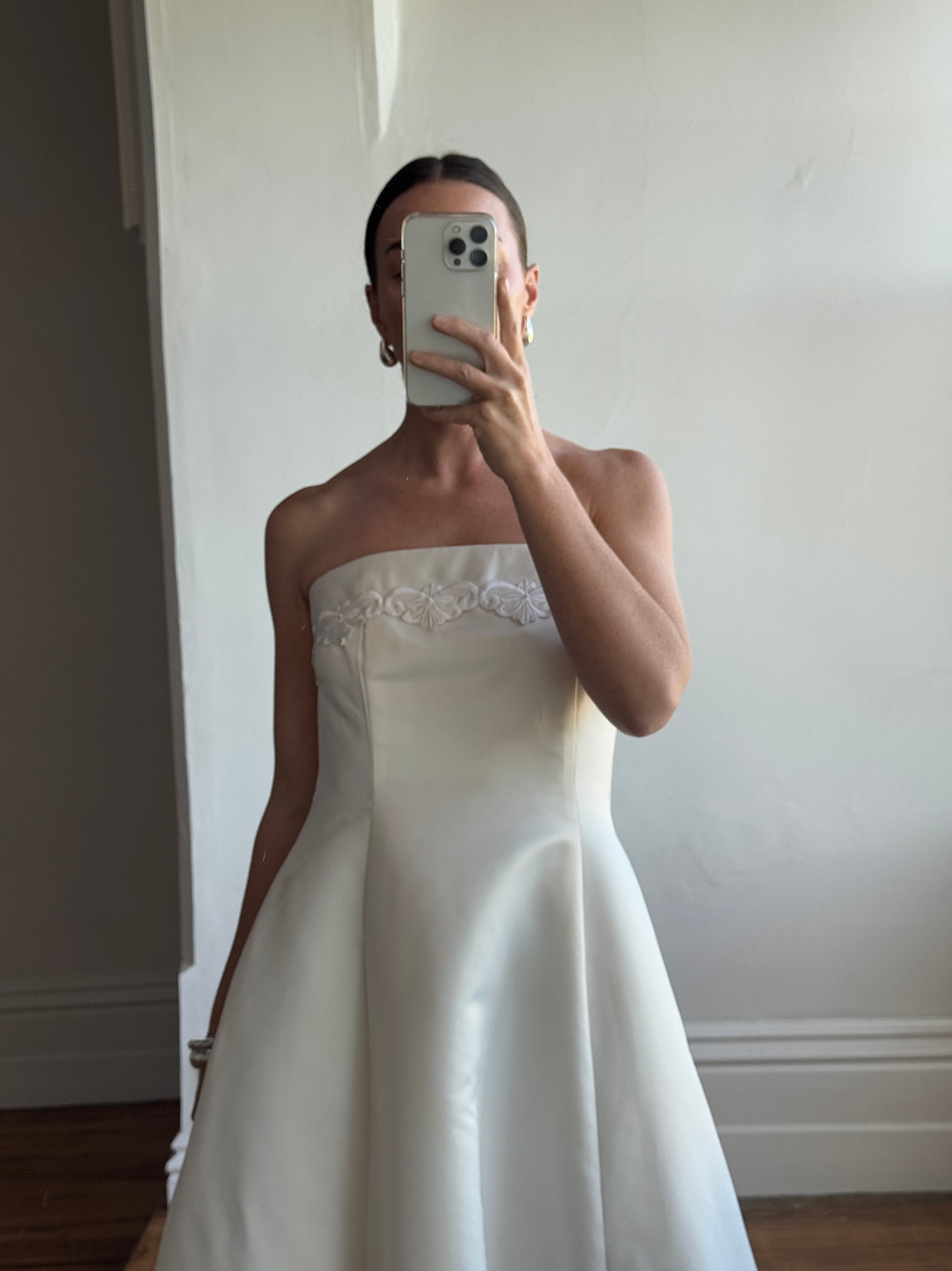 Vintage 90s Satin Strapless A-Line Wedding Dress With Train