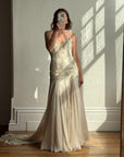 Vintage 90s Pure Silk Drop Waist Beaded Halter Gown with Cathedral Train