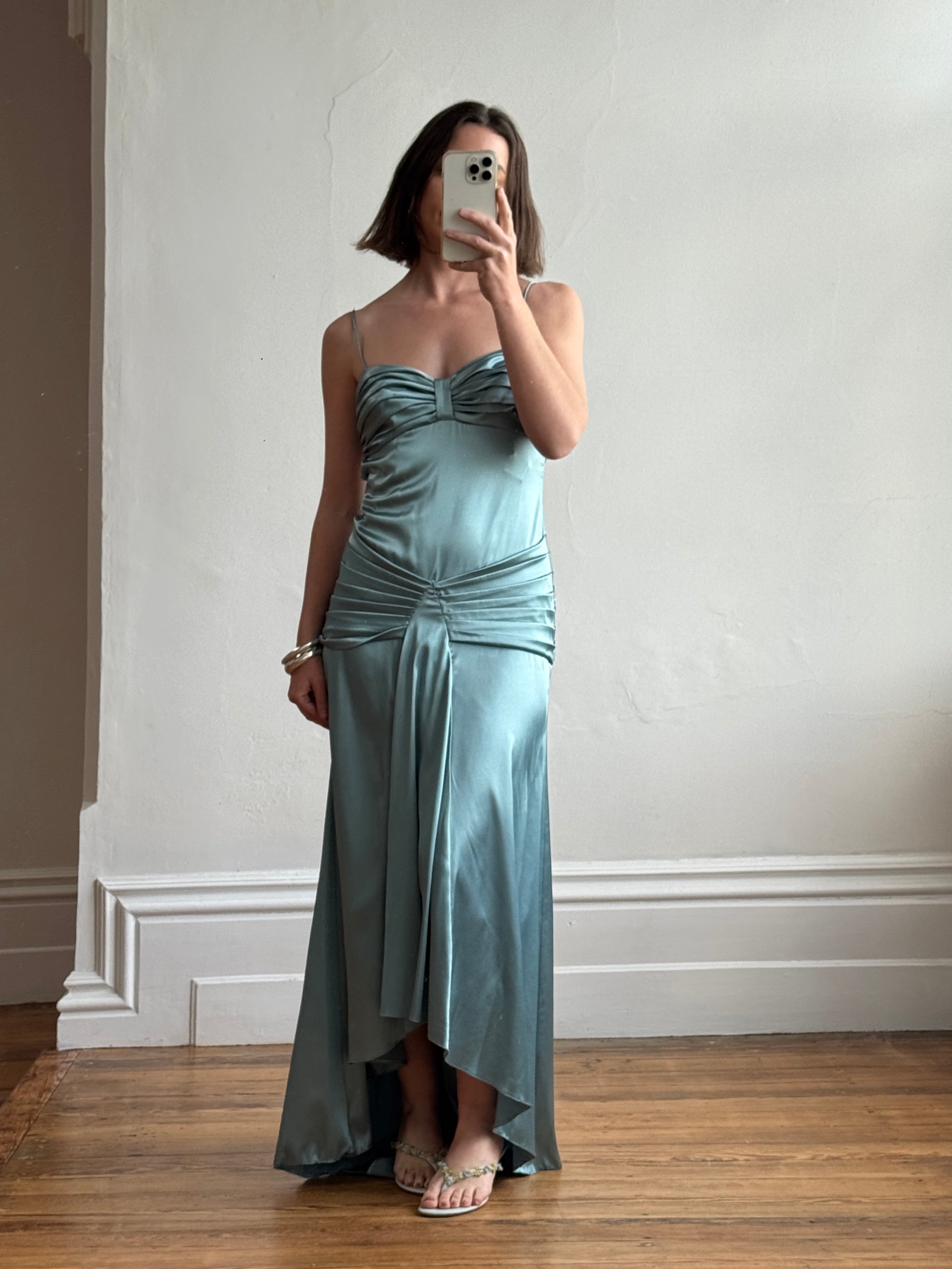 Vintage 90s Teal Satin High Low Prom Dress