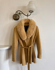 Vintage 70s Caramel Suede Belted Jacket with Fur Collar