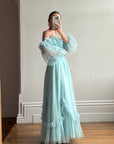 Vintage 80s Sky Blue Tulle Off Shoulder Party Dress