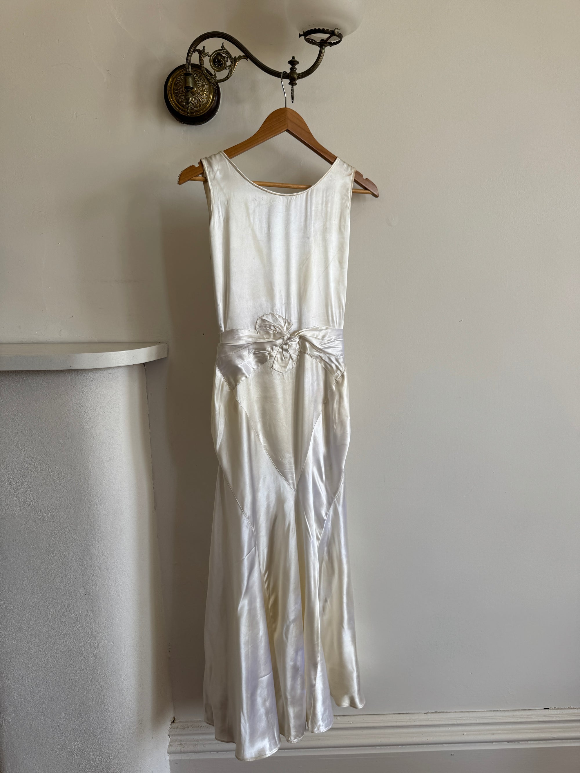 Vintage 30s Satin Bias Belted Bridal Midi