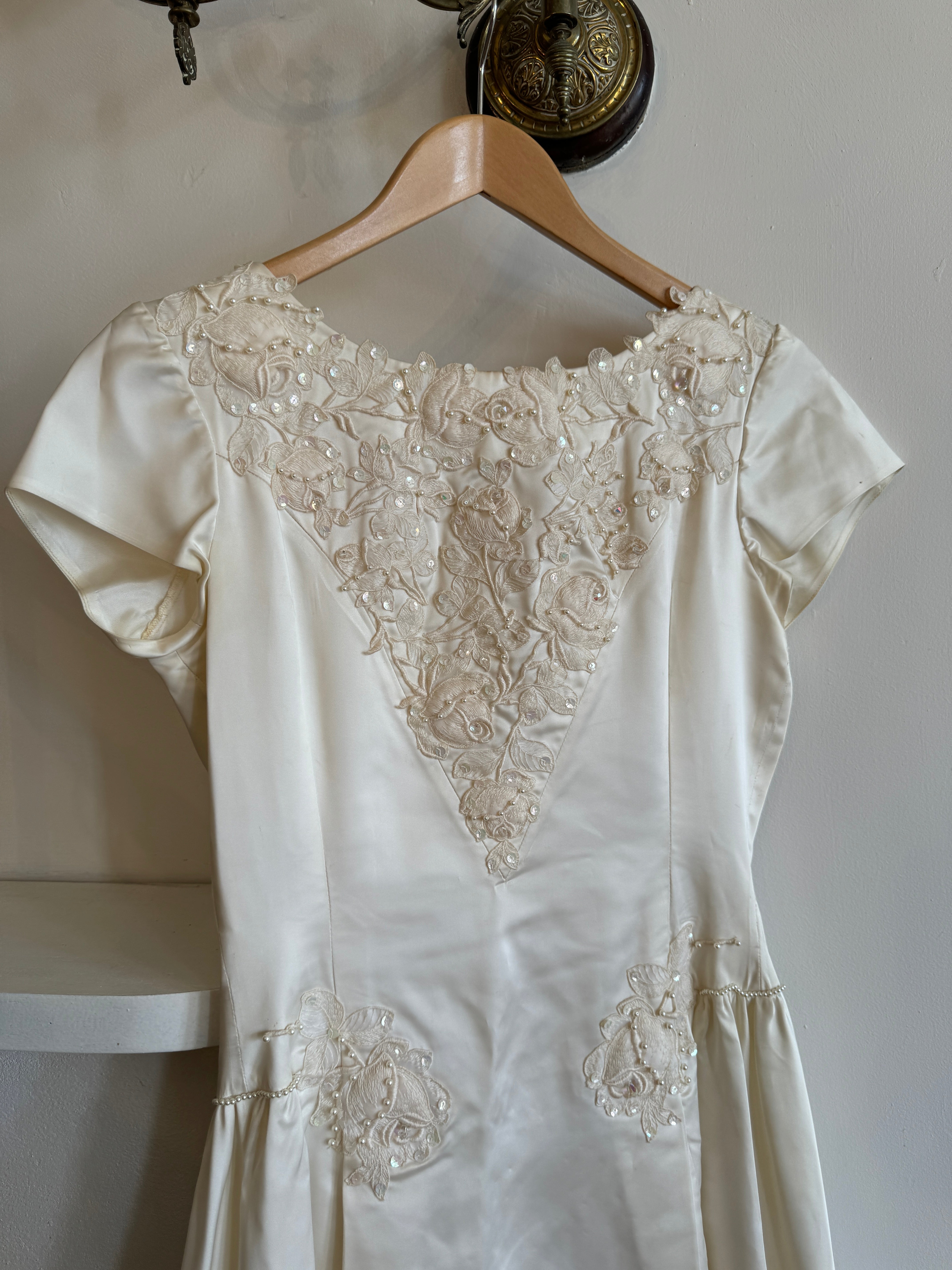 Vintage 30s Satin Wedding Dress with Applique Pearl and Lace