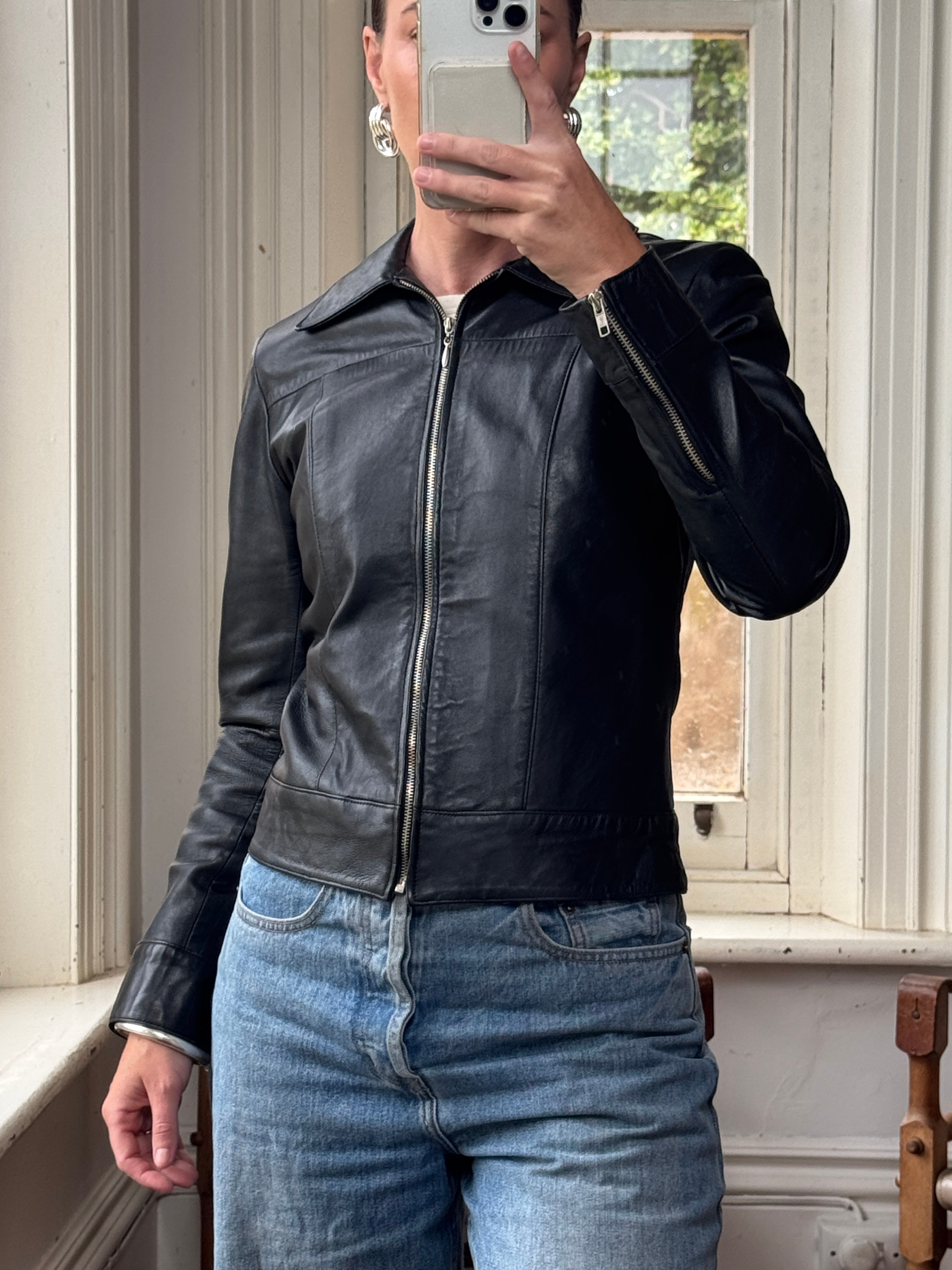 Vintage 90s Cropped Zip Front Leather Jacket