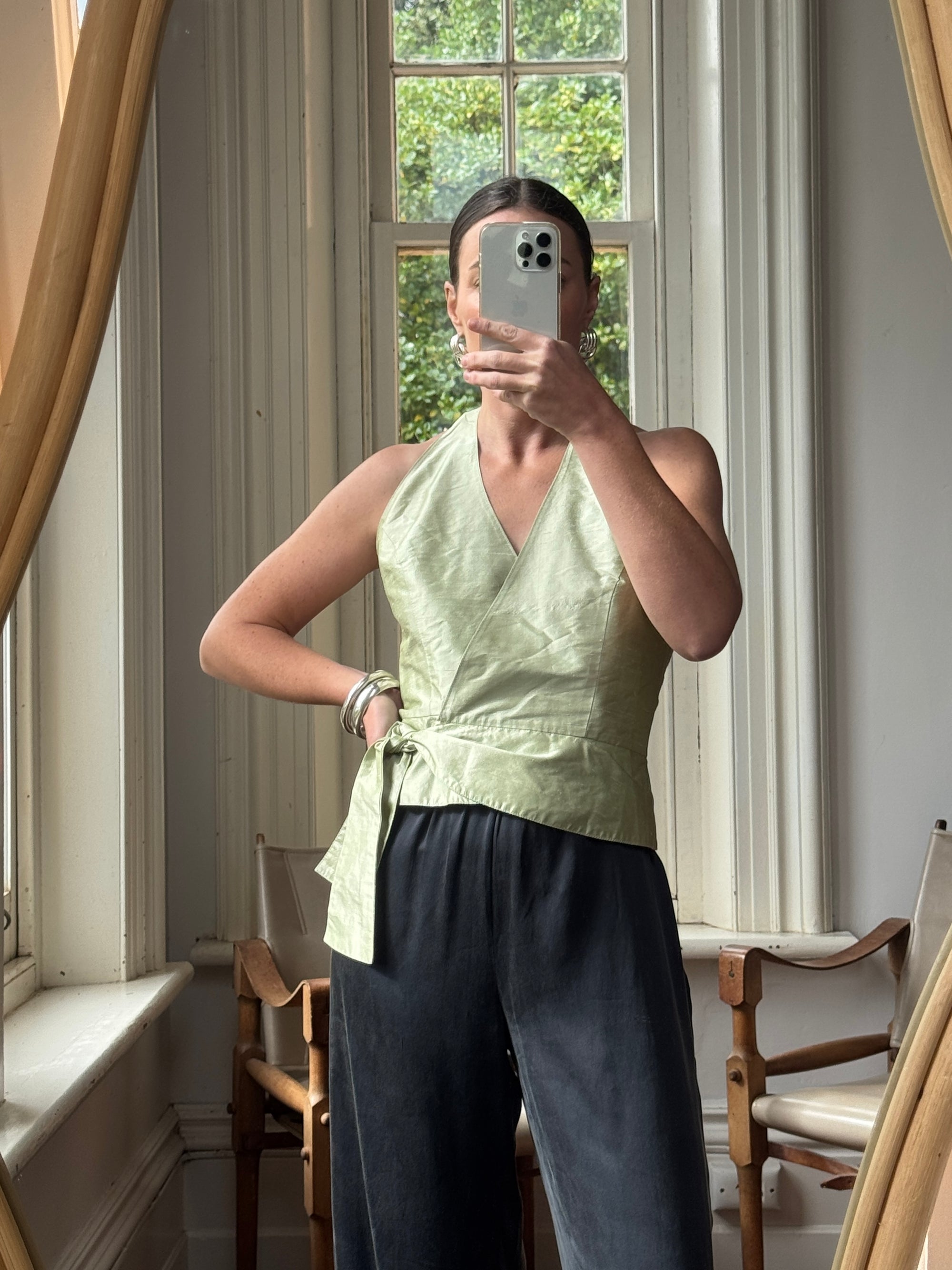 Vintage 90s Pure Silk Sleeveless Wrap Top Apple