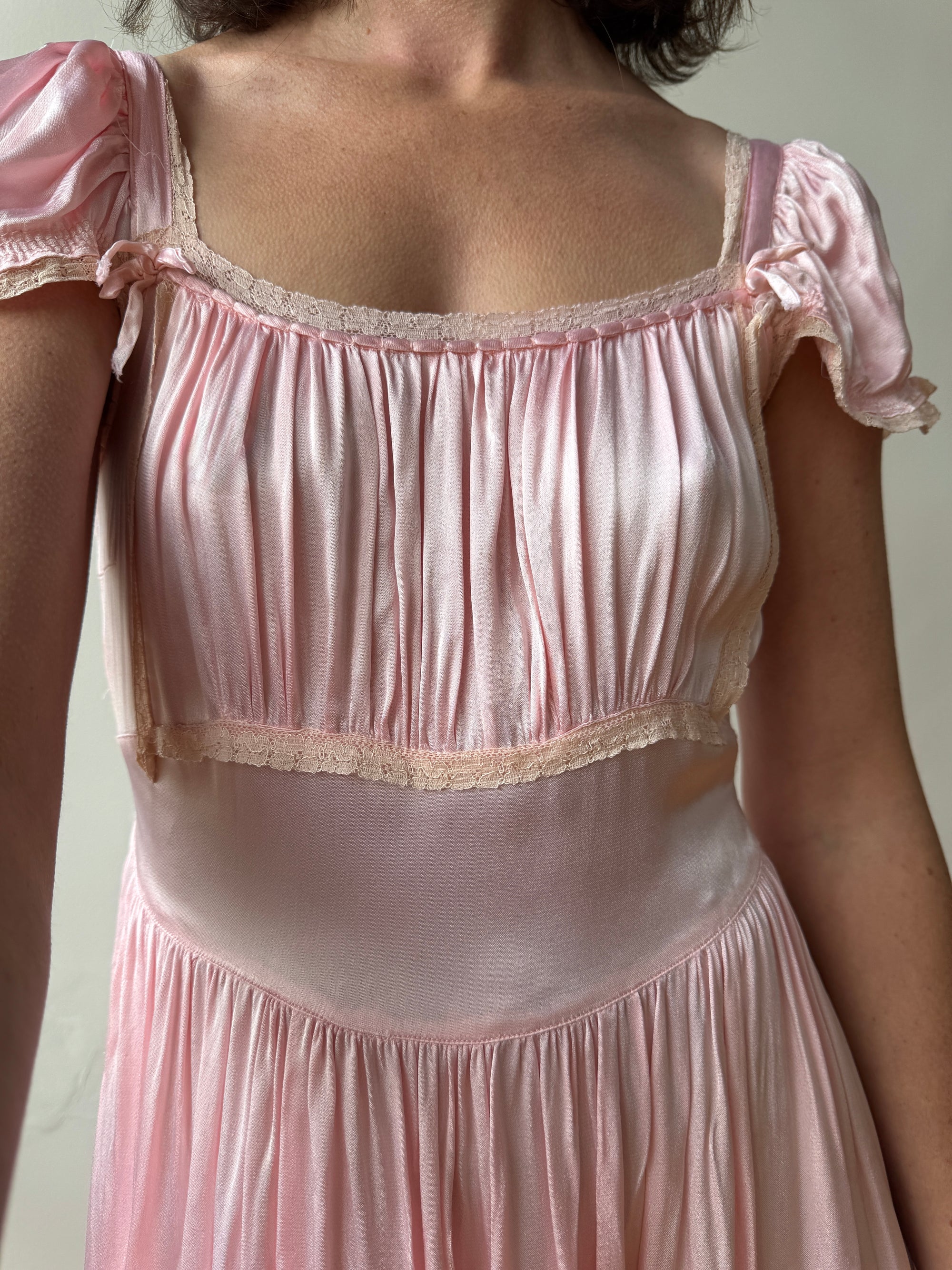 Vintage 30s Baby Pink Liquid Satin Slip with Creme Lace Trim