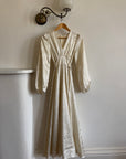 Vintage 70s Floral Satin Jacquard Wedding Dress Creme