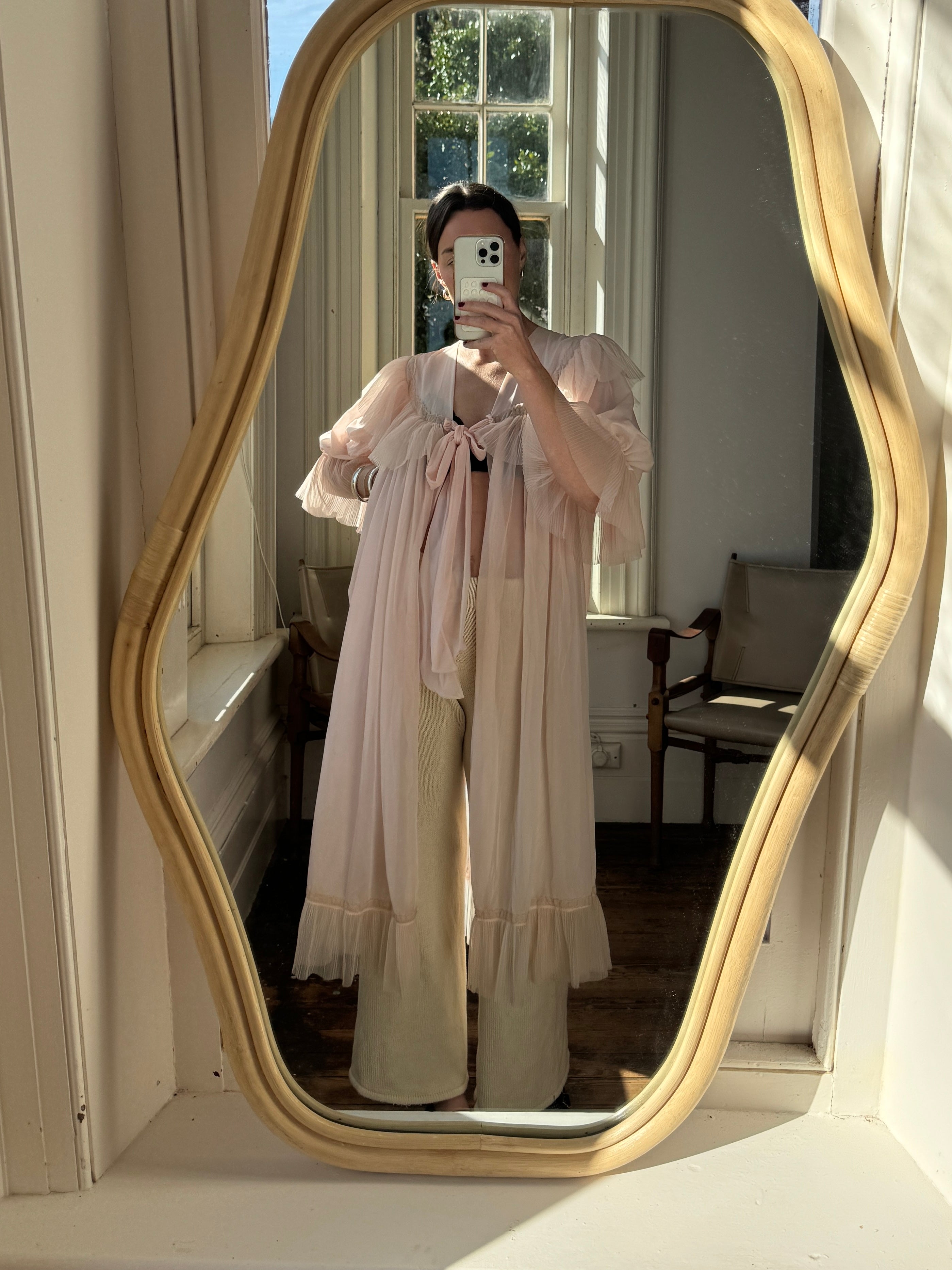 Vintage Pink Pleated Frill Tie Peignoir Cape