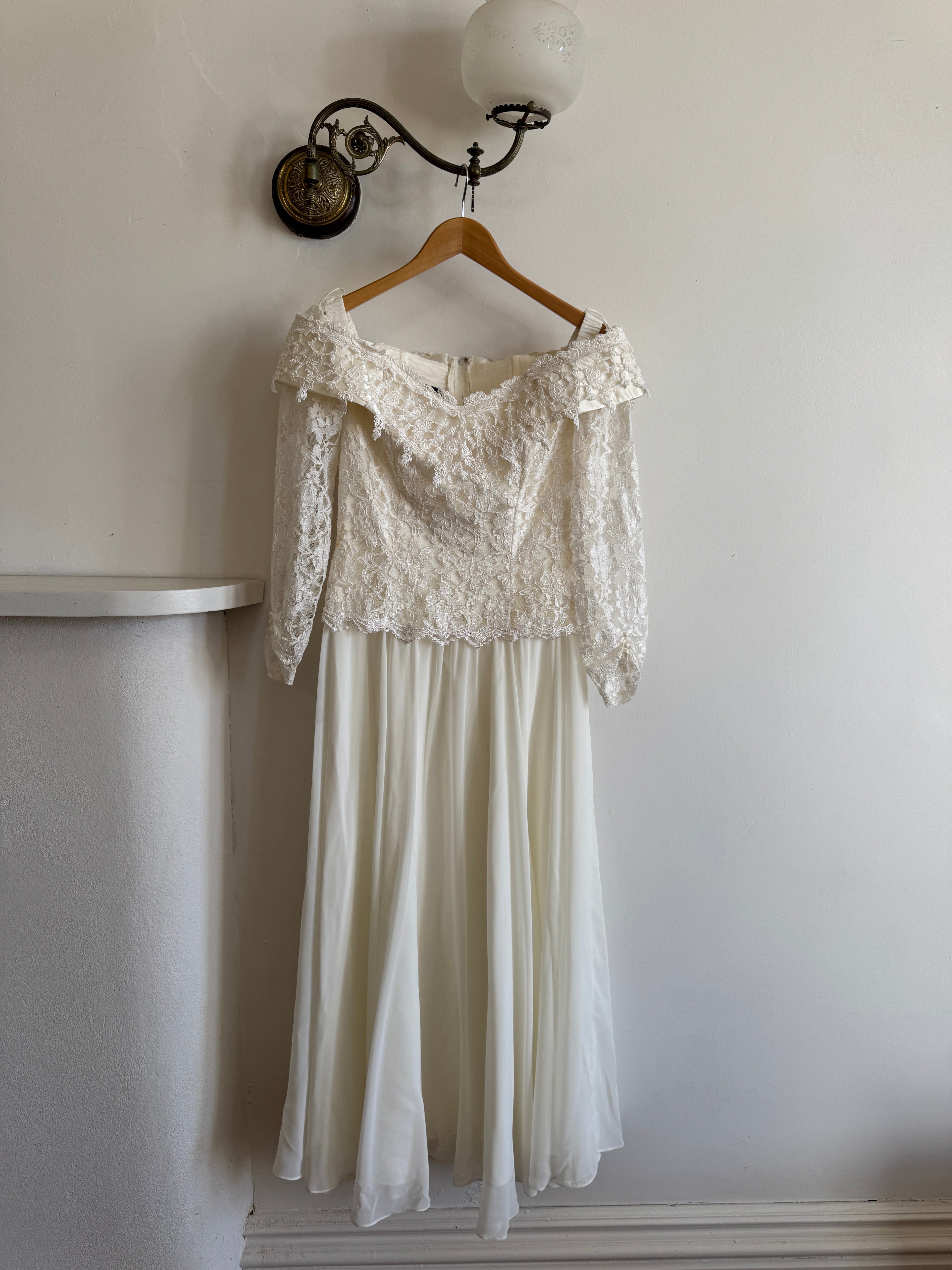 Vintage 90s Lace Off The Shoulder Chiffon Wedding Dress