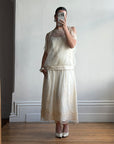 Vintage 80s Drop Waist Floral Sheer Midi Dress Creme