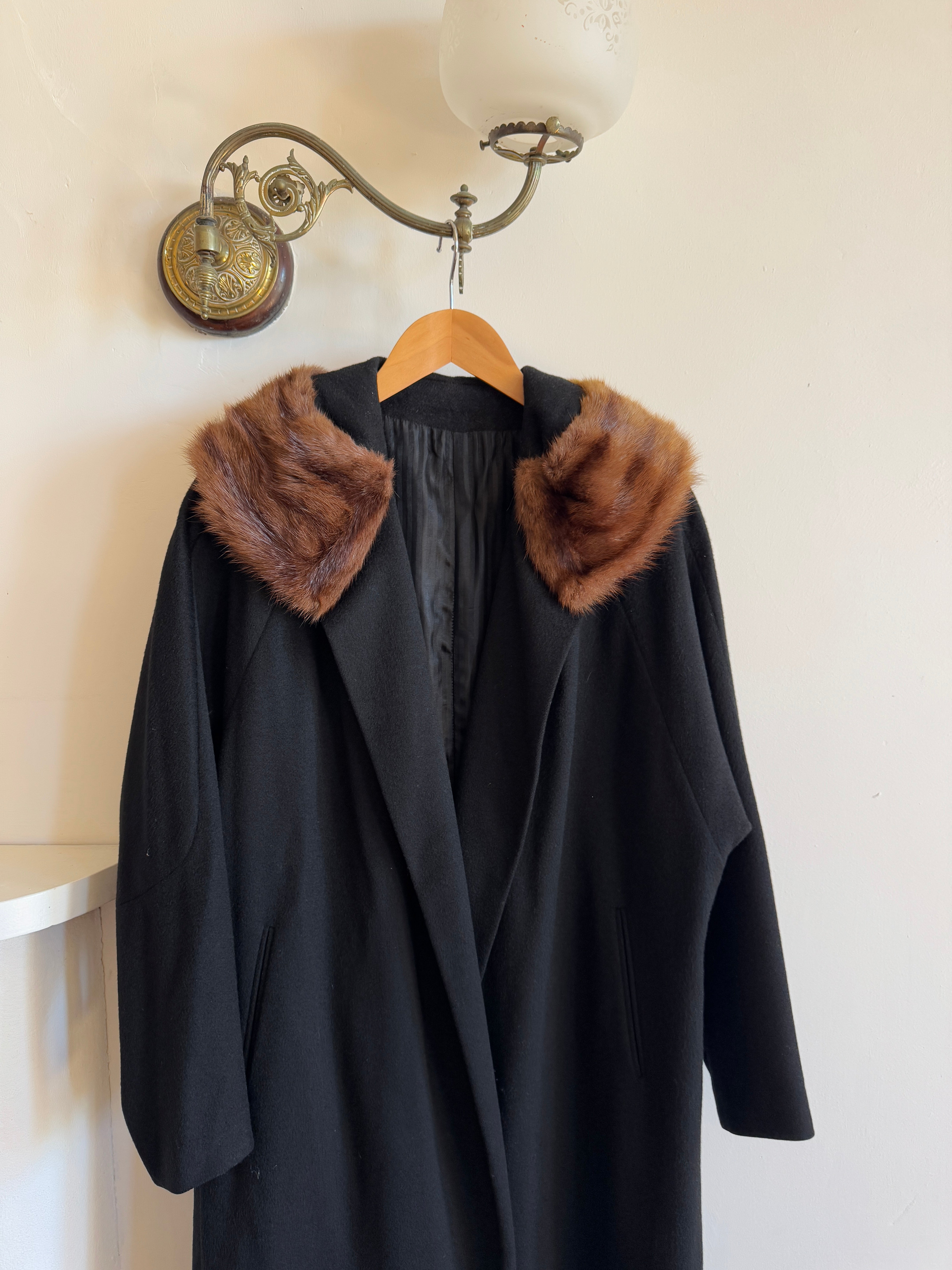 Vintage 60s Noir Pure Wool Mid Length Overcoat with Fur Collar