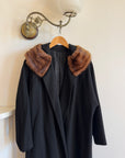 Vintage 60s Noir Pure Wool Mid Length Overcoat with Fur Collar