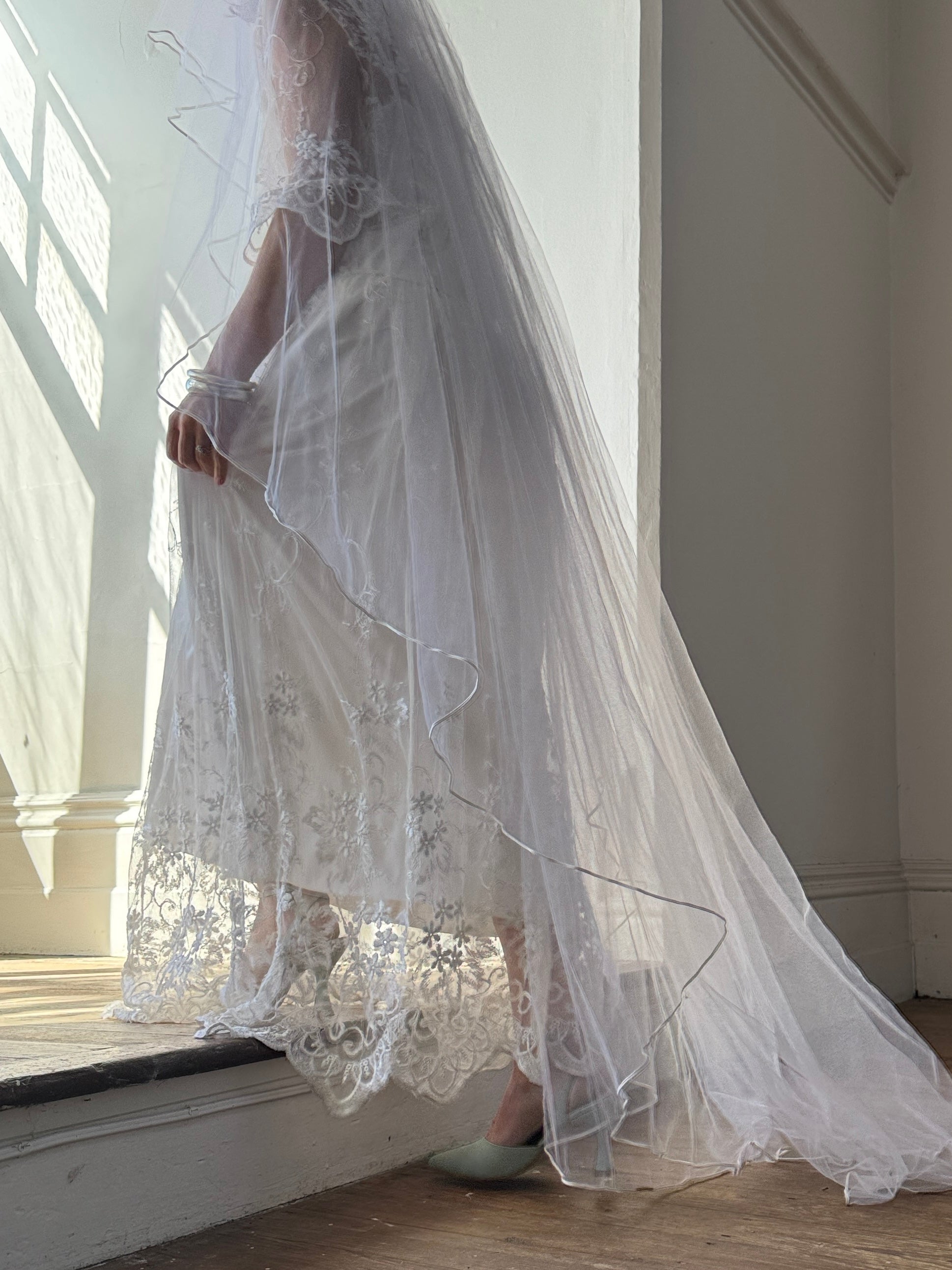 Vintage Full Length Tiered Bridal Veil with Cage Headpiece