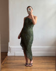 Vintage 90s Pure Silk Embellished Asymmetrical Midi Dress Olive
