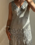 Vintage 90s Pure Silk Beaded V Neck Dress Light Grey