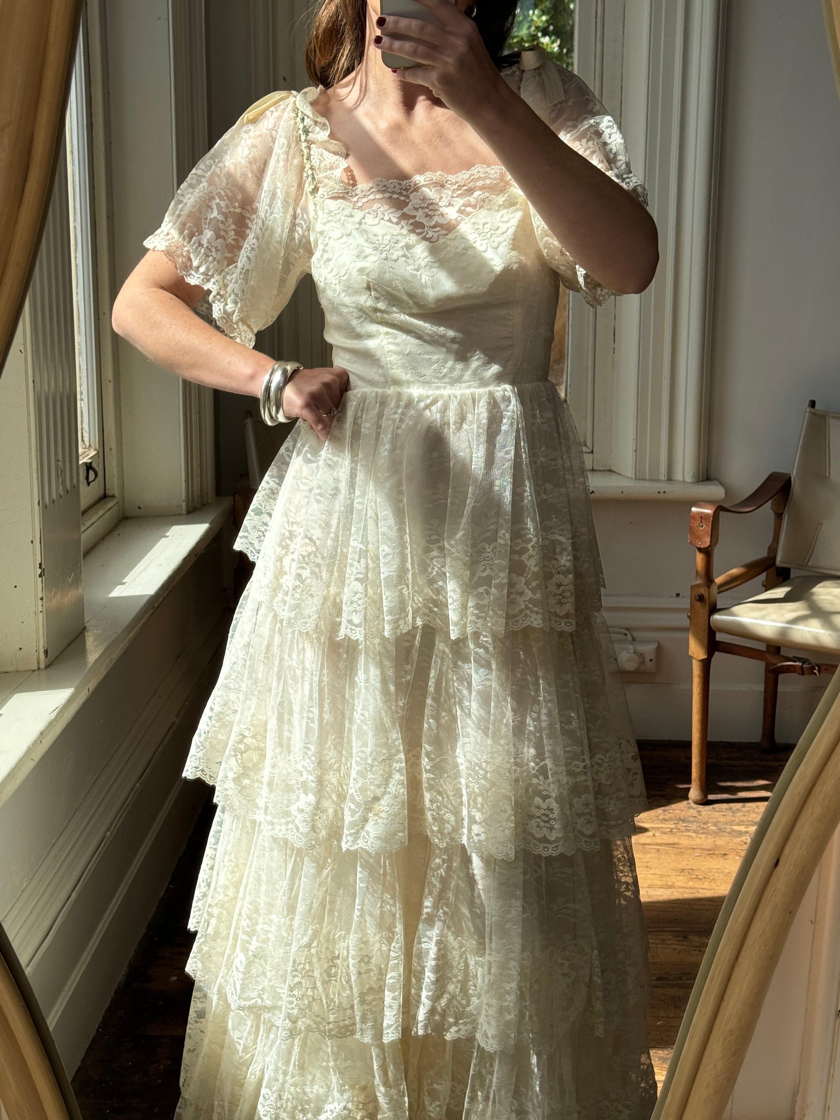 Vintage 70s Tiered Lace Wedding Dress With Bows