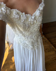 Vintage 80s 3D Floral Off Shoulder Bridal Gown and Veil