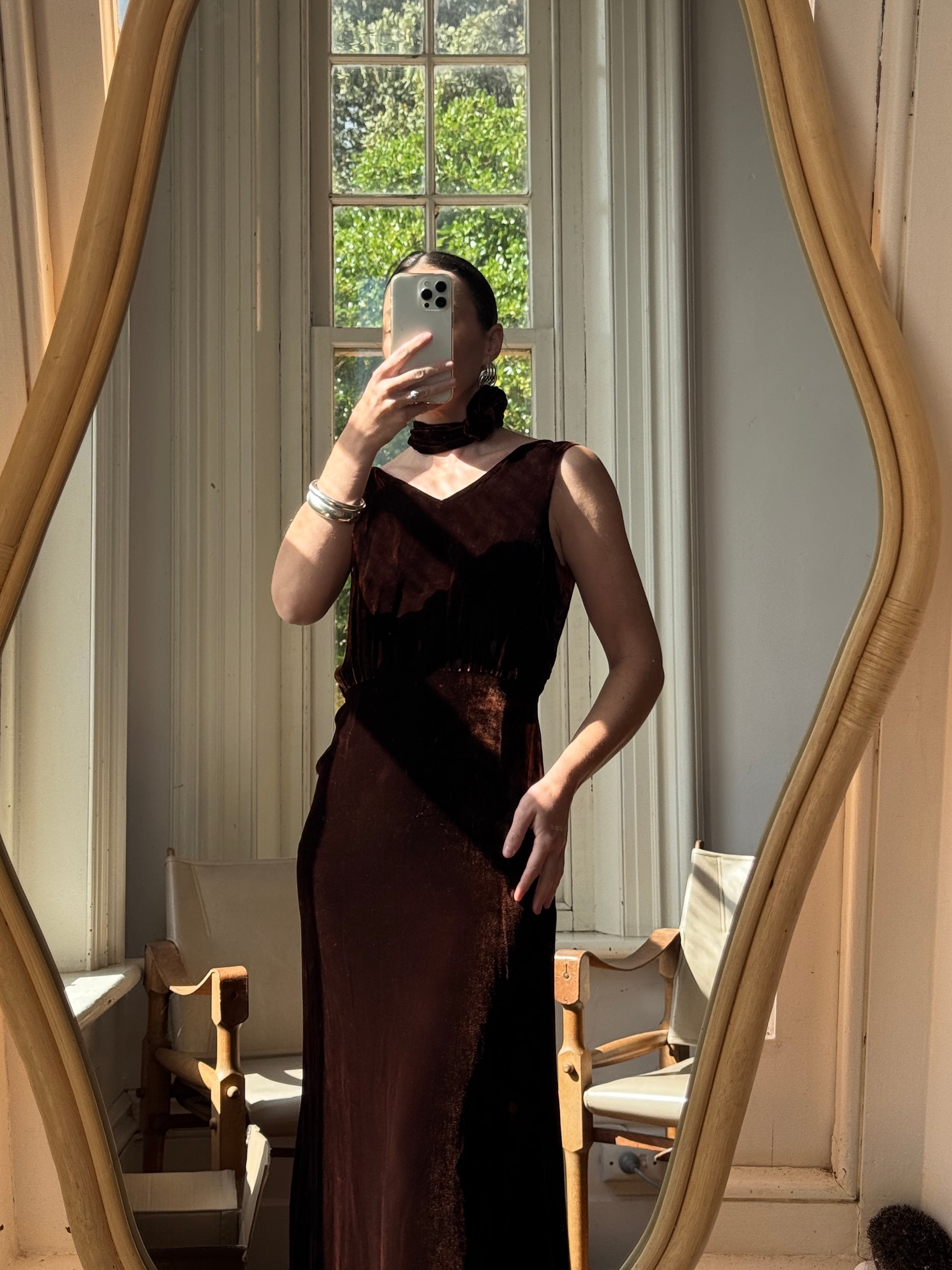Vintage 30s Brown Velvet Bias Cut Dress With Rosette tie