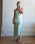 Vintage 90s Pure Silk Aquamarine Fairy Beaded Dress
