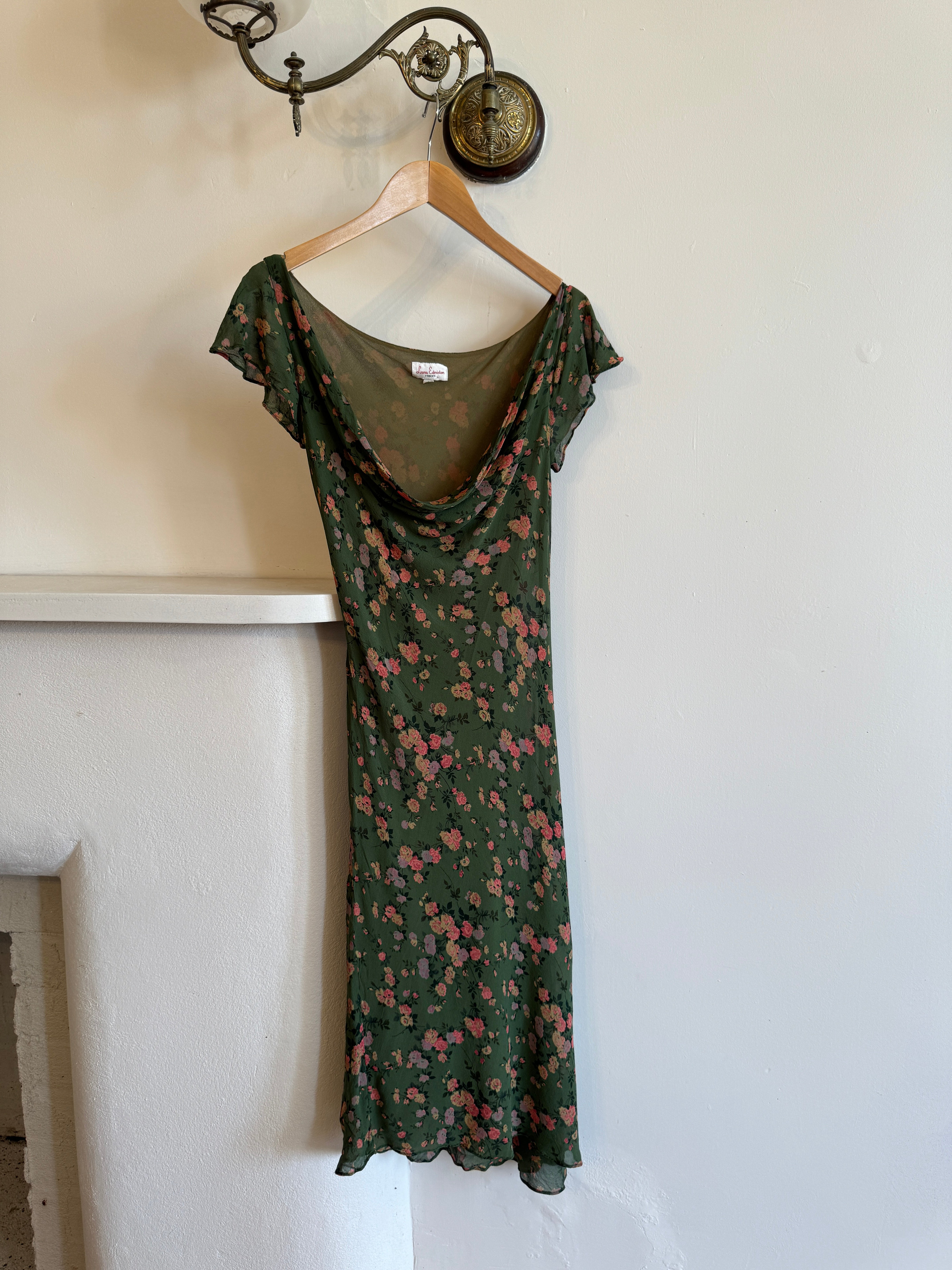 Vintage Leona Edmiston Silk Floral Dress Olive