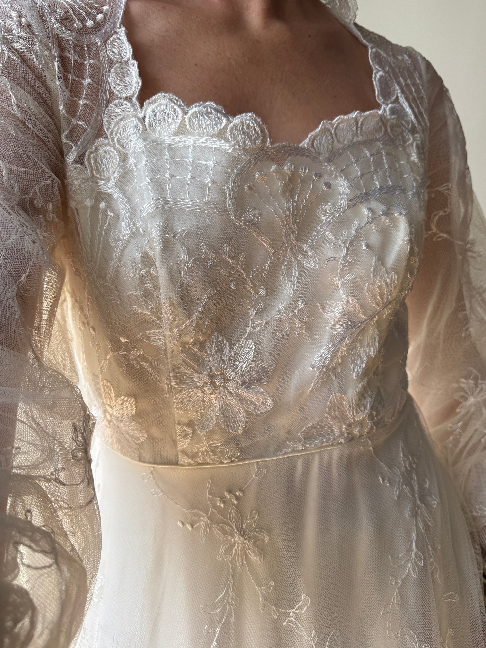 Vintage 70s Embroidered Prairie Long Sleeved Wedding Gown