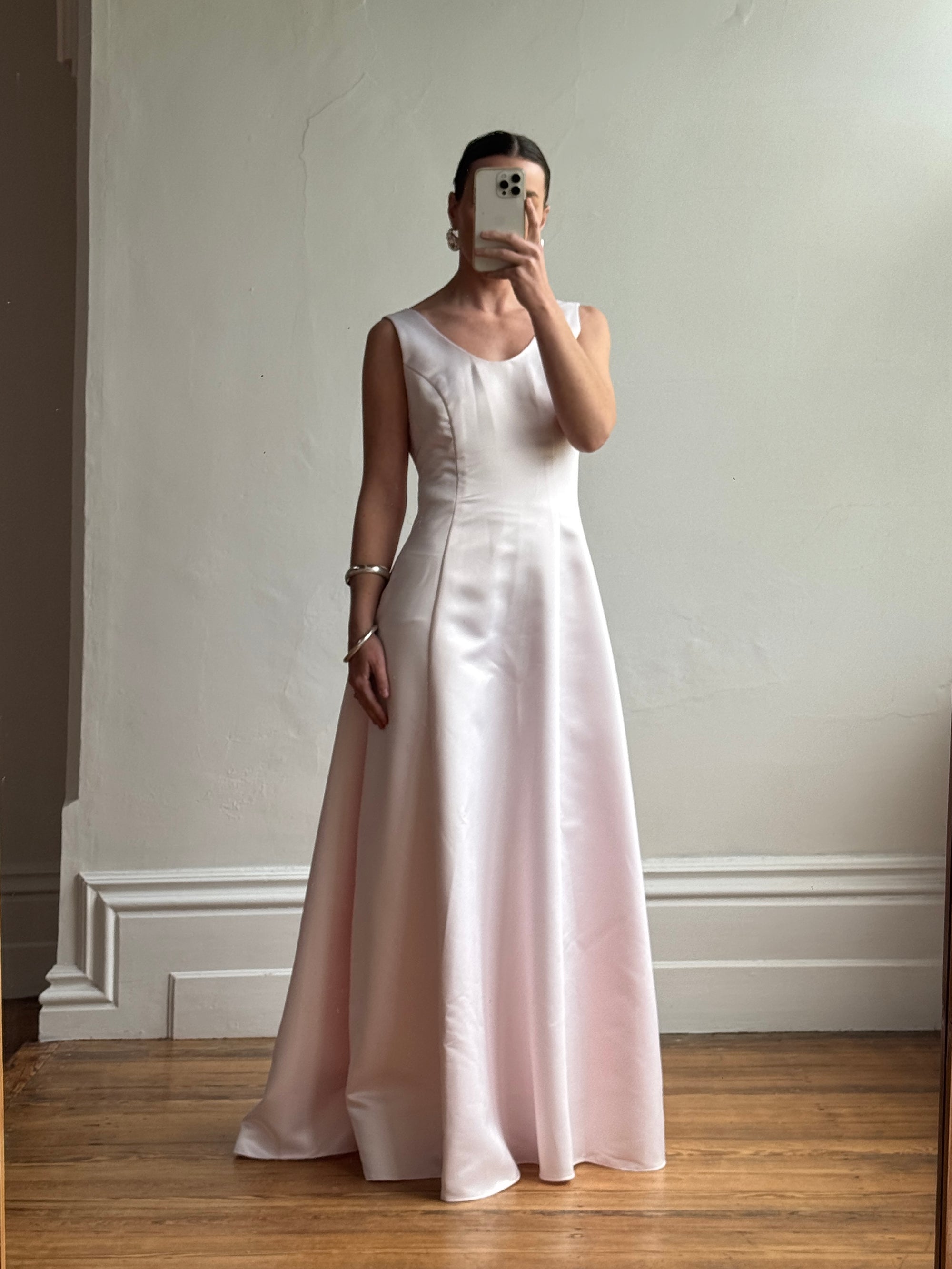 Vintage 90s Baby Pink Satin Scoop Neck Dress