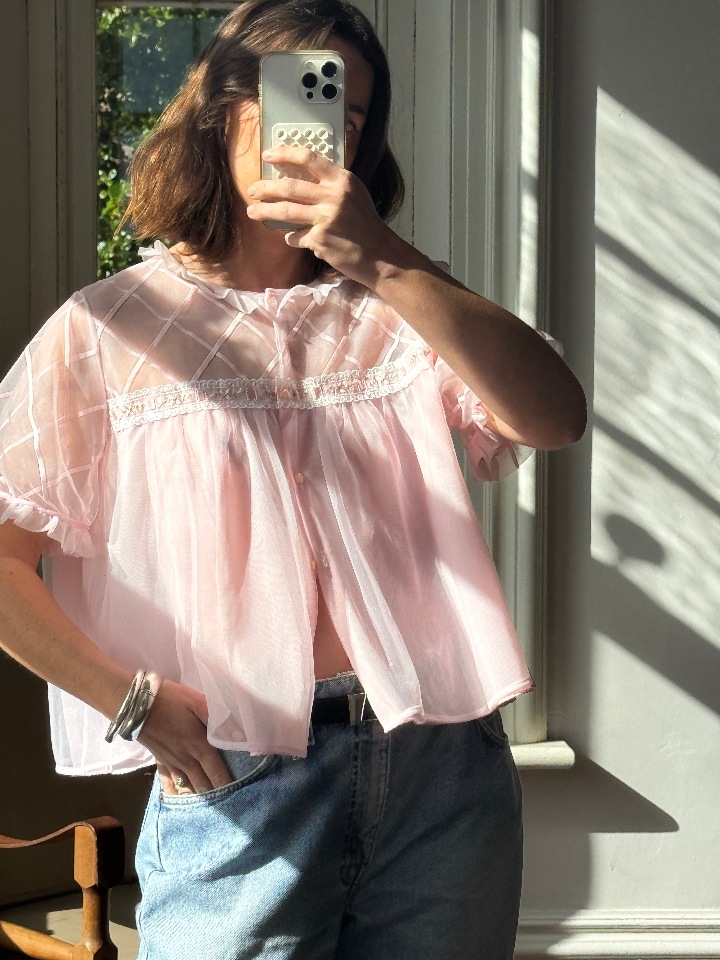 Vintage 50s Sheer Babydoll Blouse Baby Pink