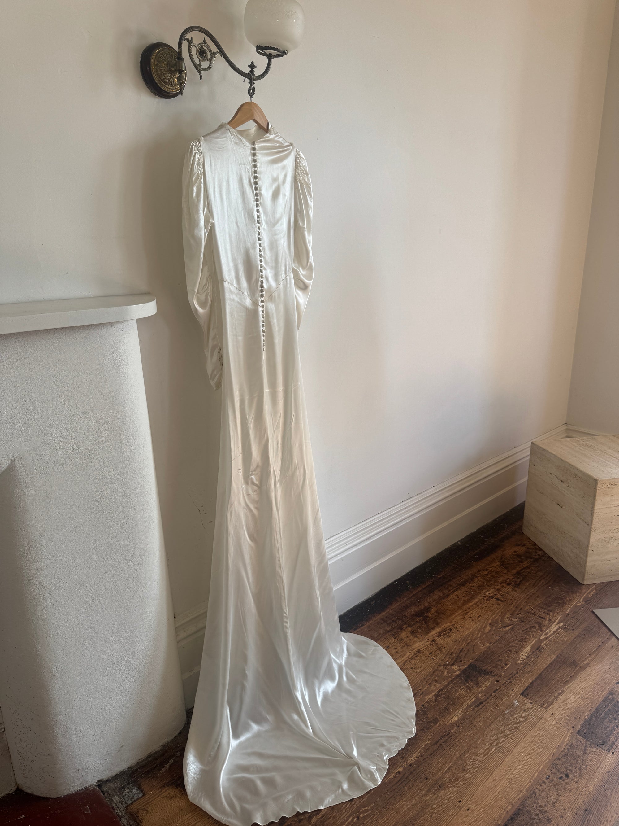 Vintage 40s Liquid Satin Beaded Wedding Gown with Chapel Train