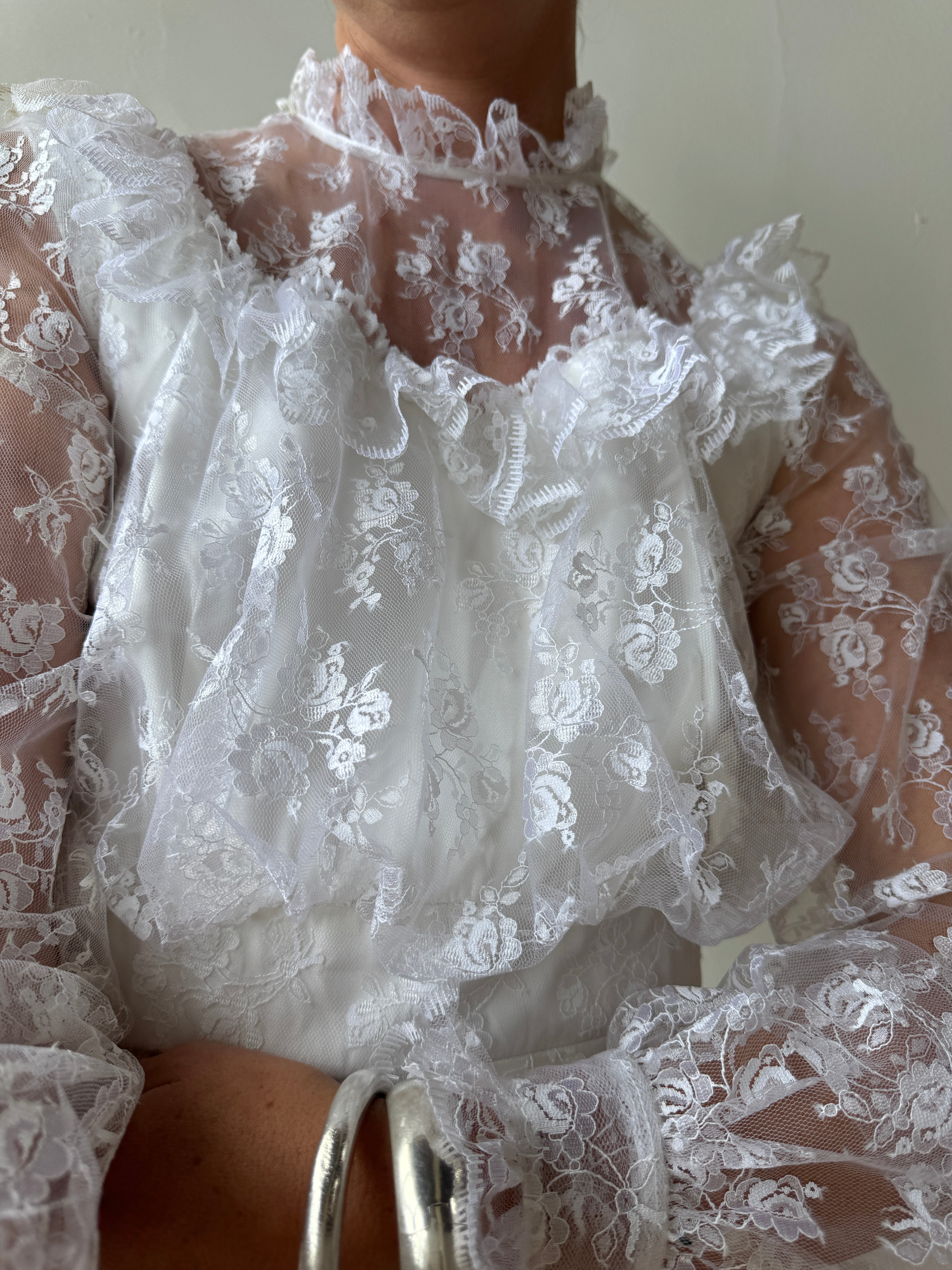 Vintage 70s Lace Prairie Wedding Gown White