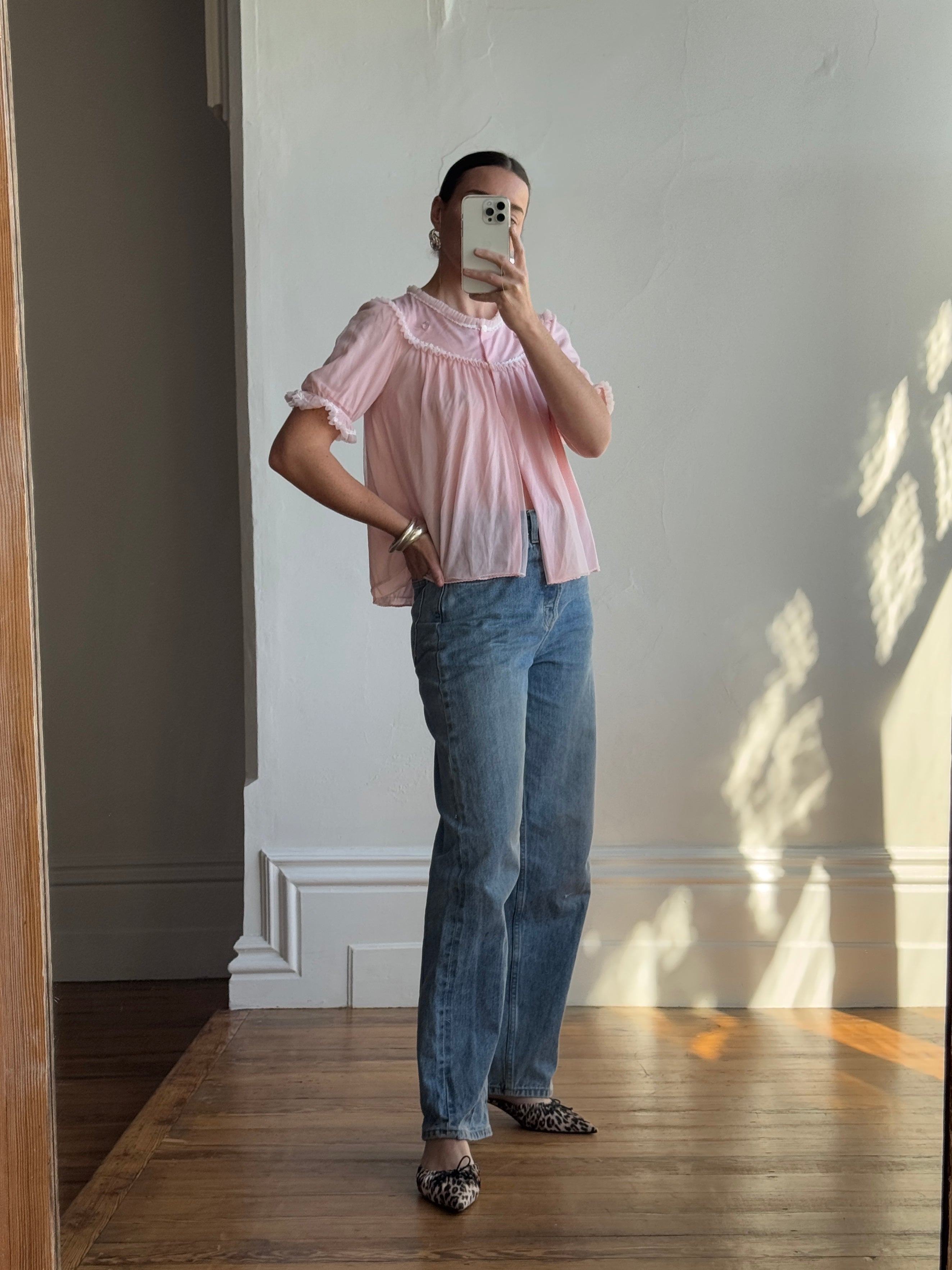 Vintage 60s Button Up Embroidered Frill Top Marshmallow
